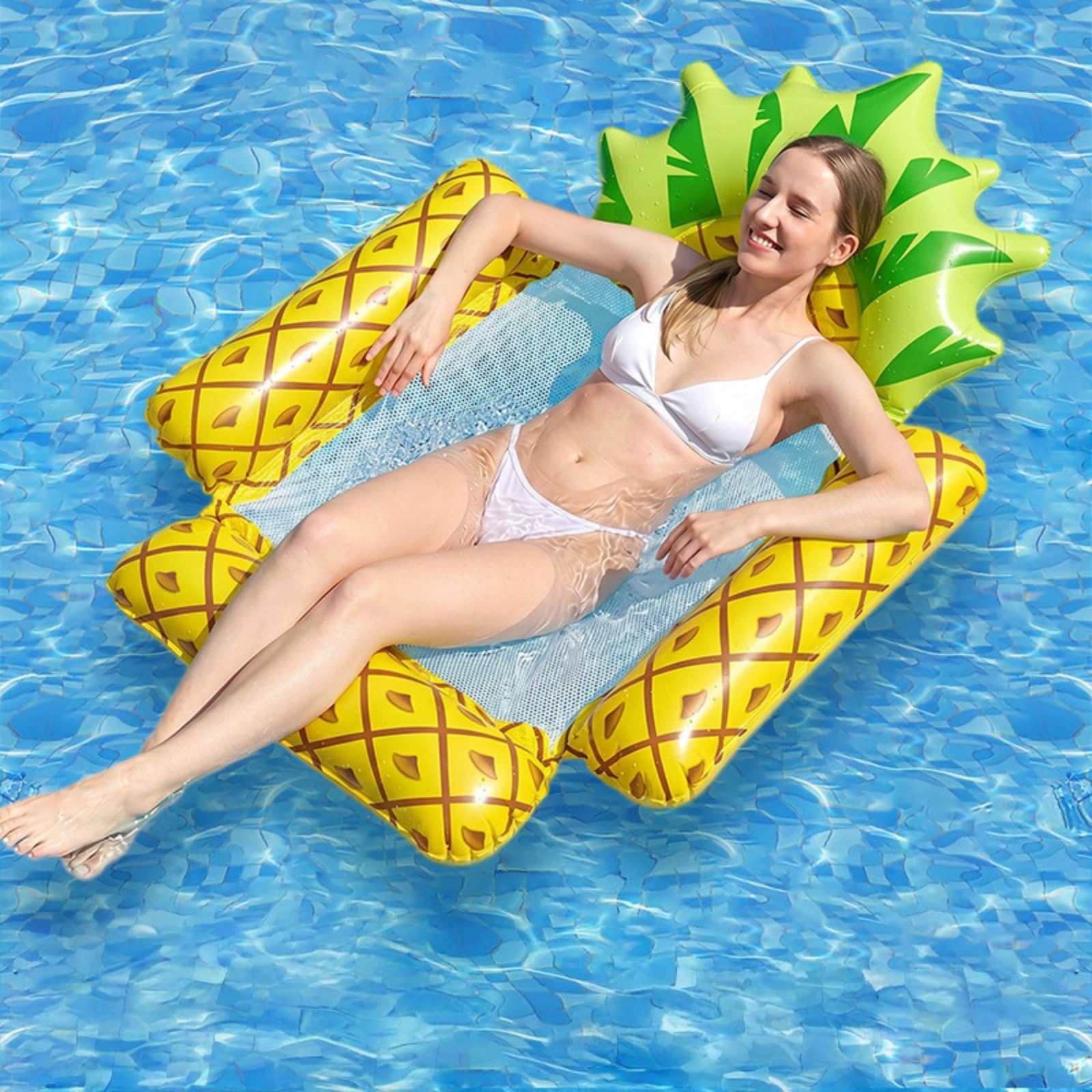 HUANYO Pool Float, Inflatable Pool Floats for Adults, 4 in 1 Swimming Pool Floats Hammock, Water Hammock for Armchair, Mattress, Seat & Lounge, Premium Floating Mat for Summer Fun (Pineapple bed)