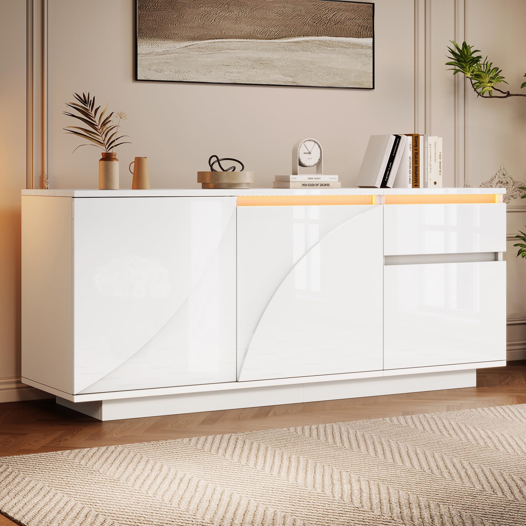 Hochglanz Sideboard Wohnzimmer mit 3 Schränken und 1 Schubladen, Buffetschrank mit LED-Lichtleiste, 140 * 40 * 60cm, Modern Wohnzimmerschrank für Schlafzimmer, Büros, Flur, Weiß