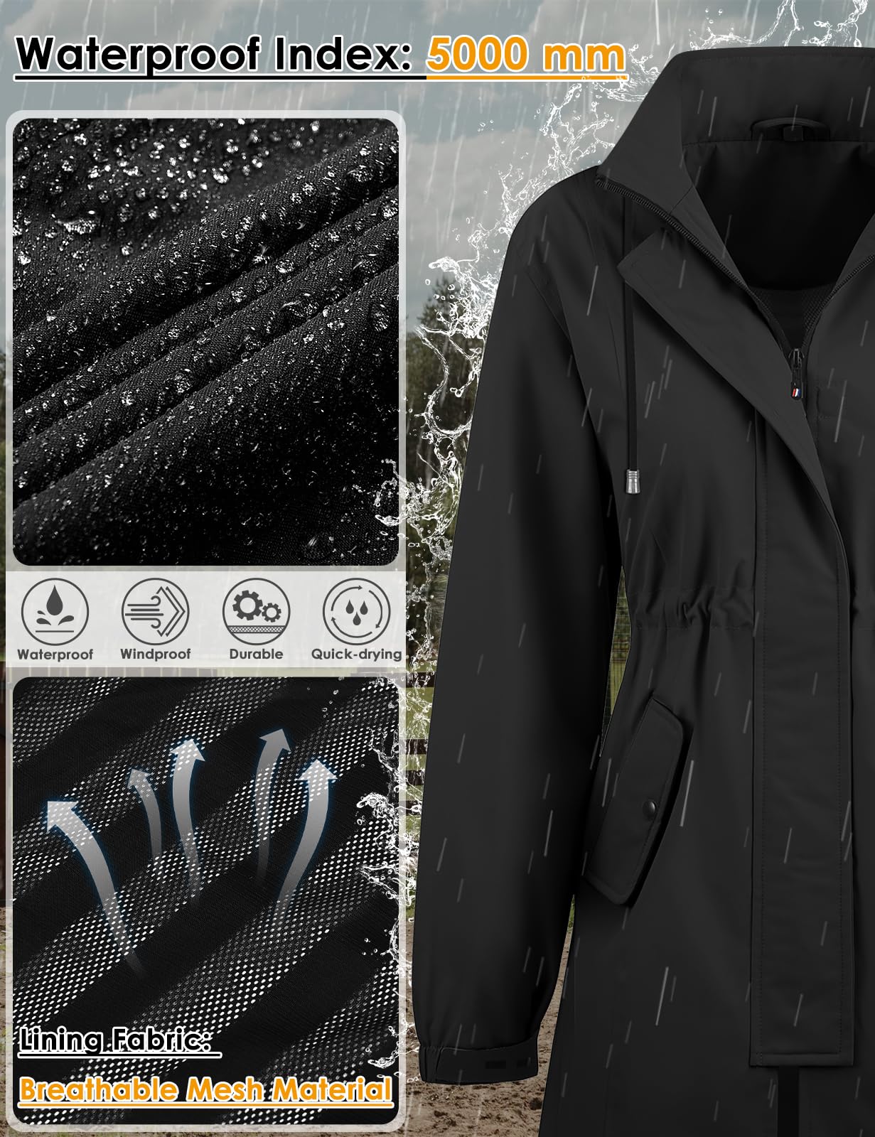 CMTOP Chubasquero Mujer Impermeable Chaqueta Cortavientos Aire Libre Cazadora Ligero Transpirable Abrigo a Prueba de Viento y Agua, Exteriores Gabardina Raincoat Lluvia con Capucha