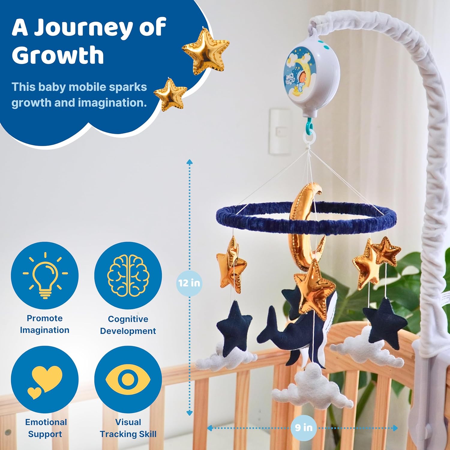 Ocean Whale Baby Mobile for Crib - Musical Nursery Mobile with 3 Modes of Rotation & 12 Piano Lullabies - Ocean Baby Nautical Nursery Decor