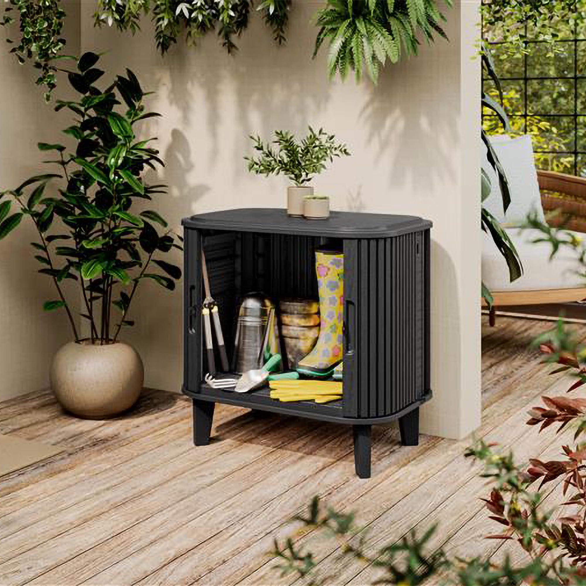 Keter Velo Aufbewahrungsschrank, Graphit, 113 L, 62,3×47×62,4 cm | wetterfest, abschließbar, Holzoptik, stapelbar, mit Schiebetüren