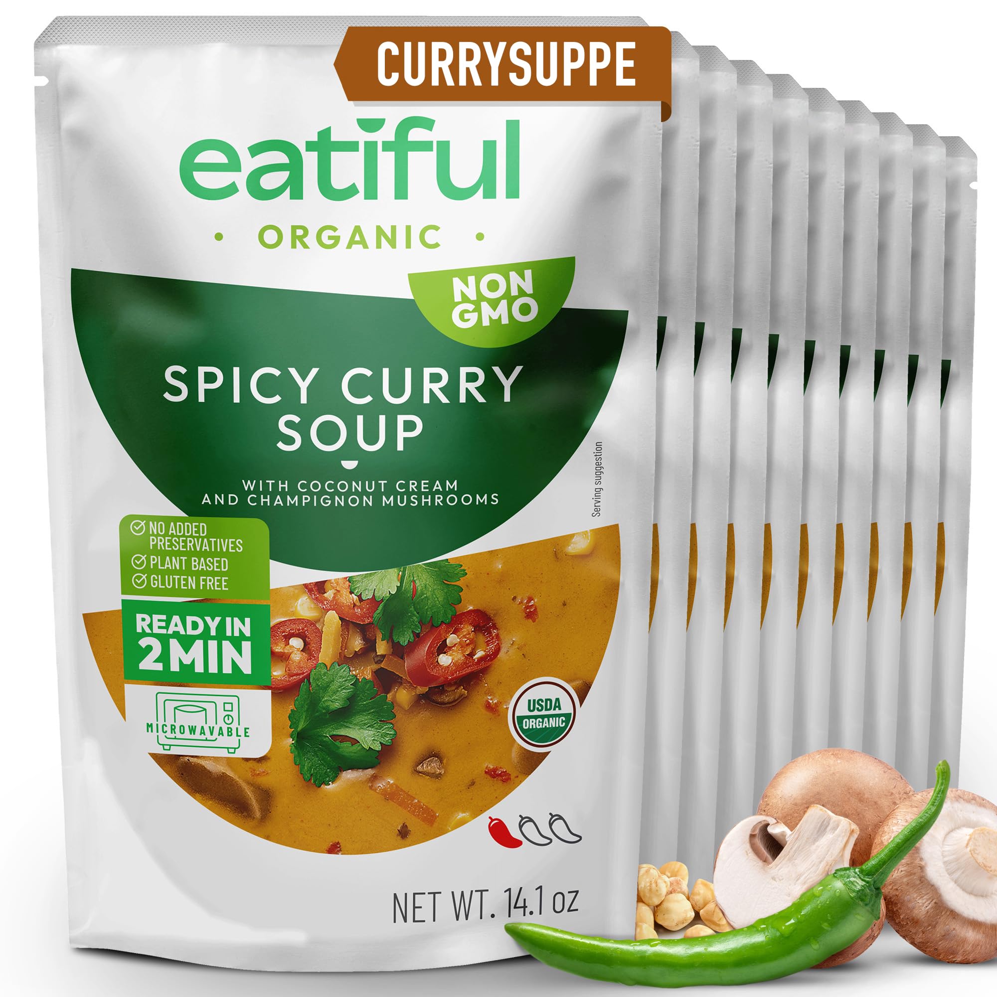 EATIFUL Curry-Suppe, Hergestellt Mit Bio-Gemüse, Thailändische Verzehrfertige Vegane Curry-Suppe, Ohne Zugesetzte Konservierungsstoffe, Glutenfrei, Ohne Gentechnik, 400g (Packung Mit 10 Stück)