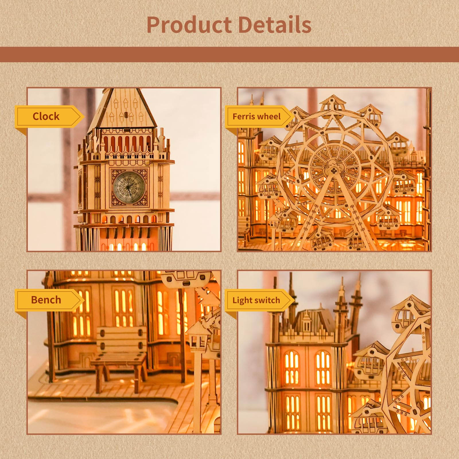 Music Park Puzzle 3D Adulto Big Ben in Legno con Luci LED Orologio Funzionante Modellino da Costruire con Ruota Panoramica, Gioco di Costruzione Decorativo, Regalo Elegante per Appassionati