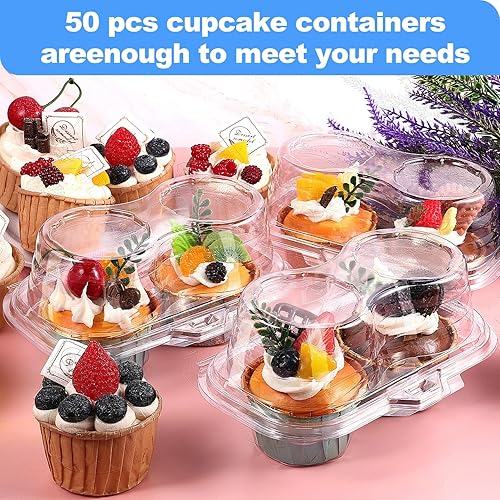 Miniatura 4 de 50 recipientes desechables para cupcakes, 2 cajas de cavidades, soporte transparente para cupcakes, portador apilable de cúpula profunda con tapa