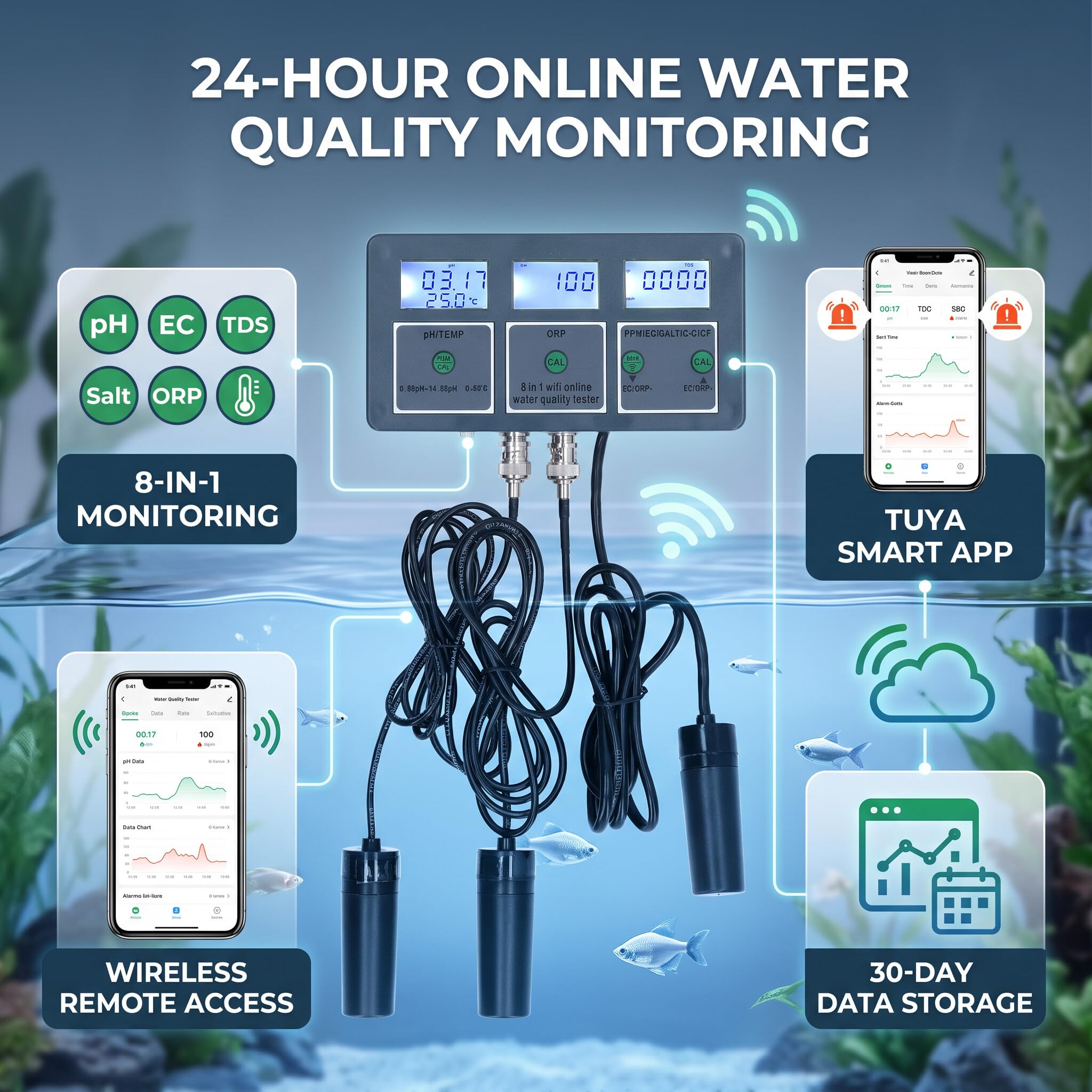Testeur de qualité de L'eau en Ligne 8 en 1 PH EC SALT ORP TDS CF TEMP pour Aquariums, Culture Hydroponique, Laboratoires, Spas, Piscines, avec Surveillance à Distance et (Prise