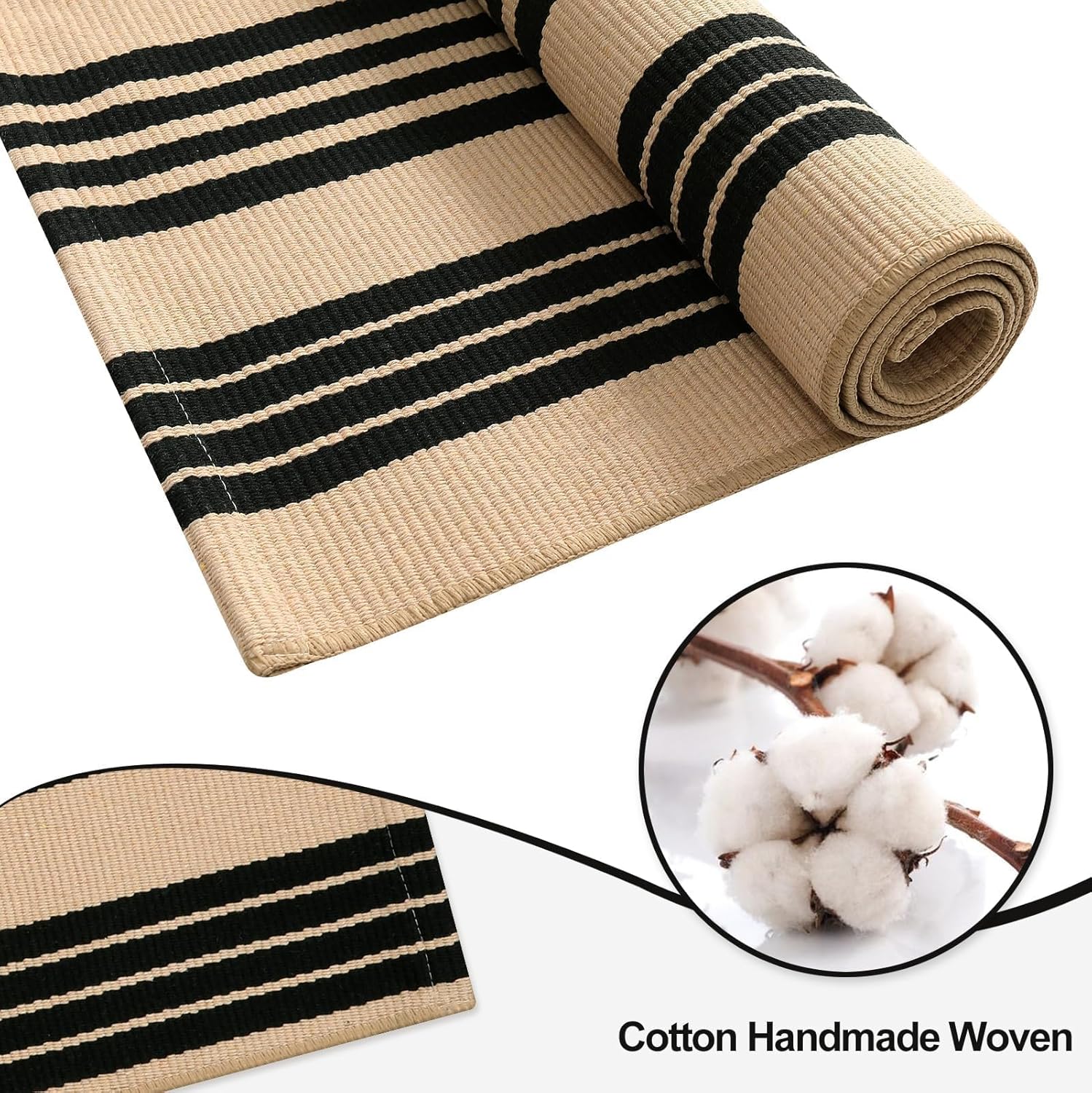 OJIA Outdoor Rug 3'x5', Black and Tan Area Rug Machine Washable Rugs Cotton Hand Woven Entry Rug Indoor Outdoor Striped Carpet for Front Porch/Deck/Backyard/Camping/Outdoor Decor - Image 3