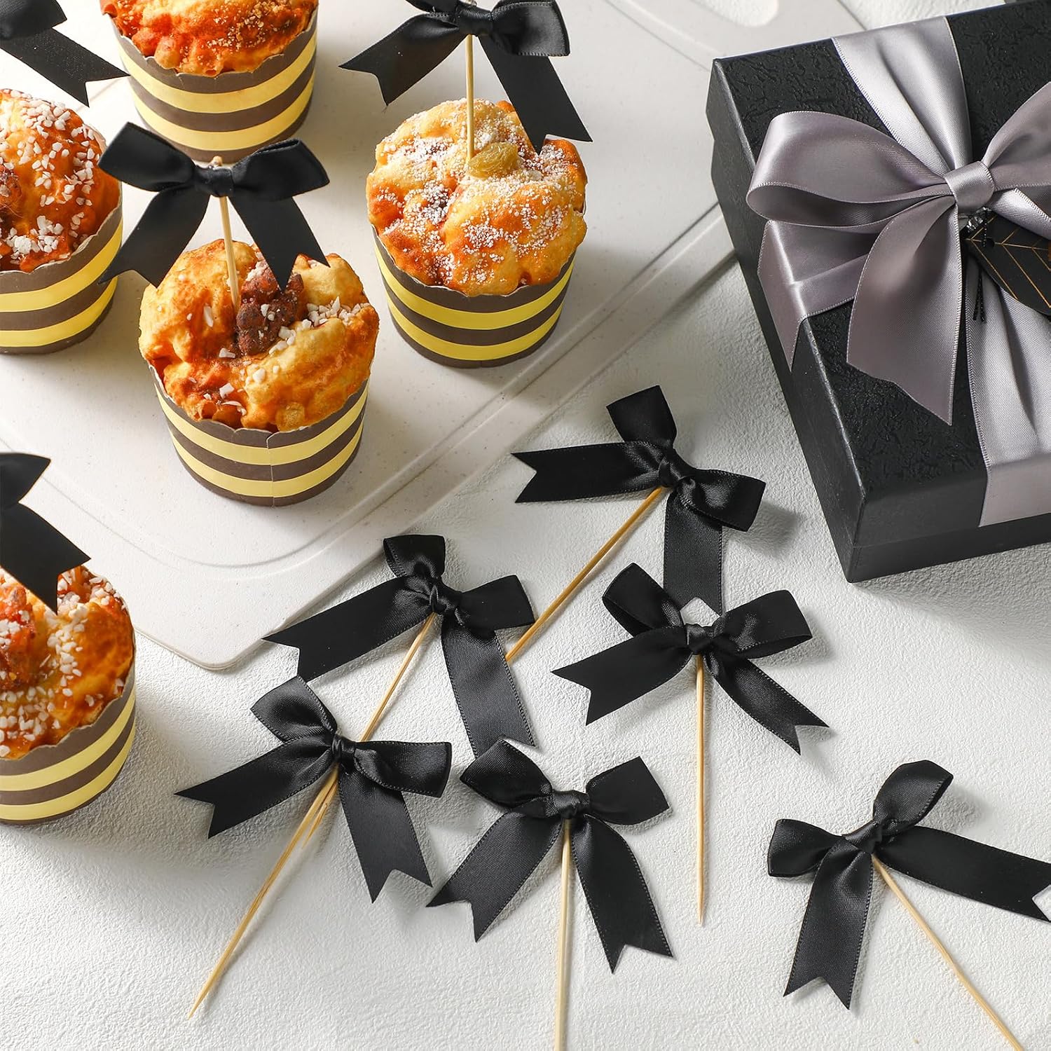 12 Pcs Black Bow Cupcake Toppers Pearl Bow Cake Topper Coquette Themed Party Decoration for Bridal Shower Bachelorette(Black Style)