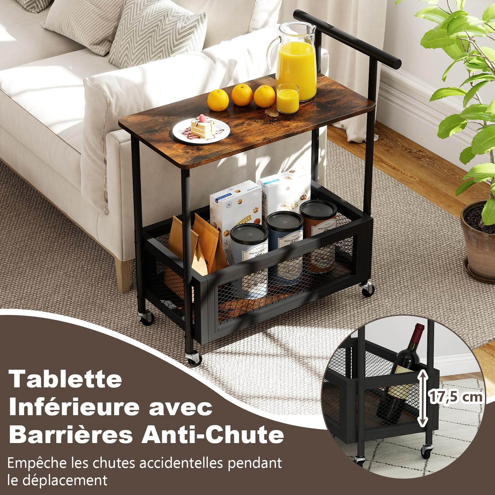 COSTWAY Chariot de Service en Métal avec Plateau en Bois, Desserte de Cuisine sur roulettes avec Rangement, Panier en Maille, Style Industriel pour Cuisine, Salon