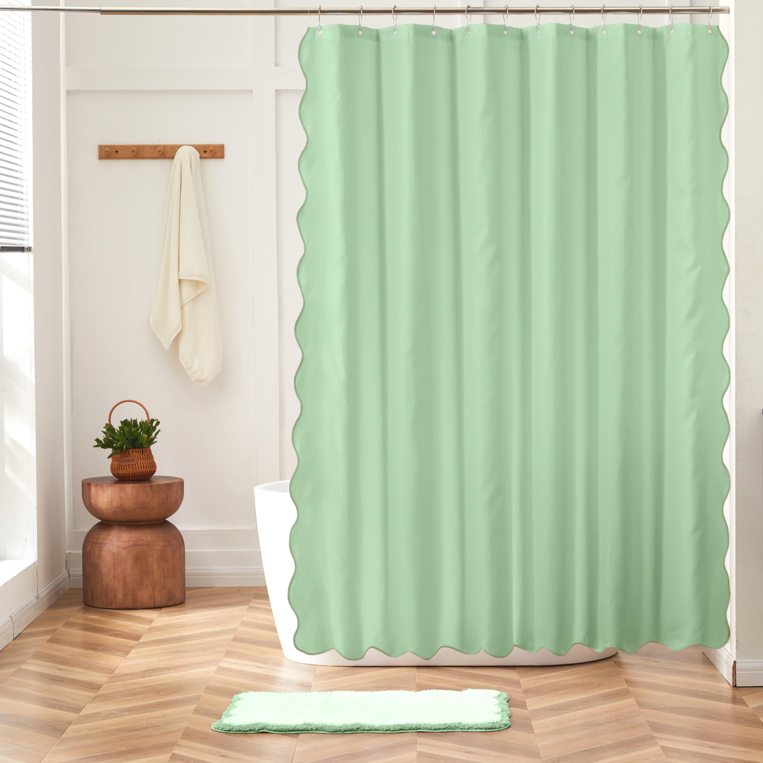 Ohocut Green Scalloped Shower Curtain, Double-Side Print, Cute Aesthetic Preppy Scalloped Edged Shower Curtains for Bathroom 72’’x72’’