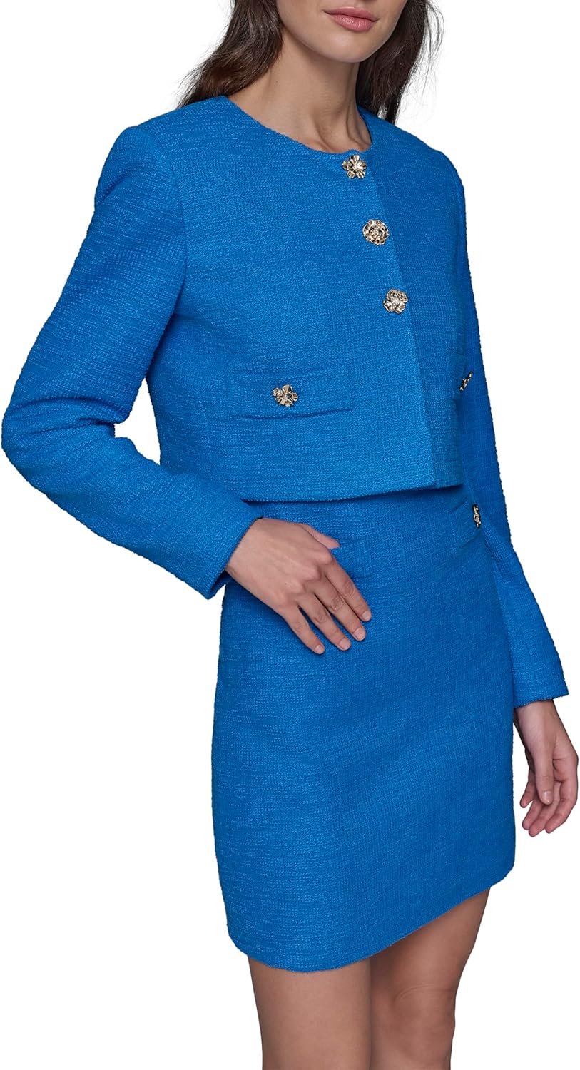 Karl Lagerfeld Womens Tweed Solid Scoop Neck Cropped Knit Blazer - Image 6