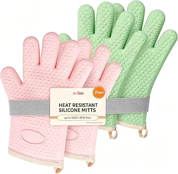 4 Pack BPA-Free Soft Silicone Oven Mitts,550F Heat Resistant Waterproof Cooking Safety Gloves,BBQ Gloves Heat Resistant,Thick Cotton Lining,Non-Slip 5 Finger Kitchen Hot Mitts for BakingGreen+Pink