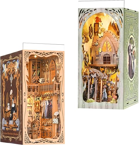 Kit de rincón de libros, kit de bricolaje en miniatura para casa de muñecas, rompecabezas de madera 3D, estante de libros con luz LED para