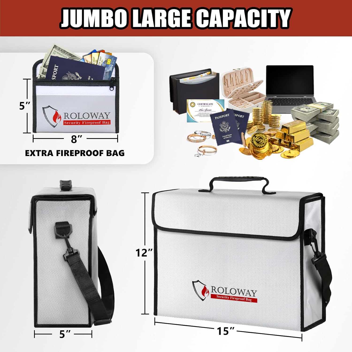 ROLOWAY Large Fireproof Bag 5200℉ Heat Insulated (15 x 12 x 5 inches), Fireproof Document Bag for Cash Safe and Document Safe