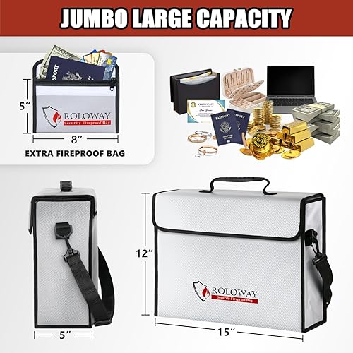Miniatura 28 de ROLOWAY Bolsa grande (15 x 12 x 5 pulgadas) ignífuga con tira reflectante, resistente al agua, bolsa de documentos ignífuga, segura