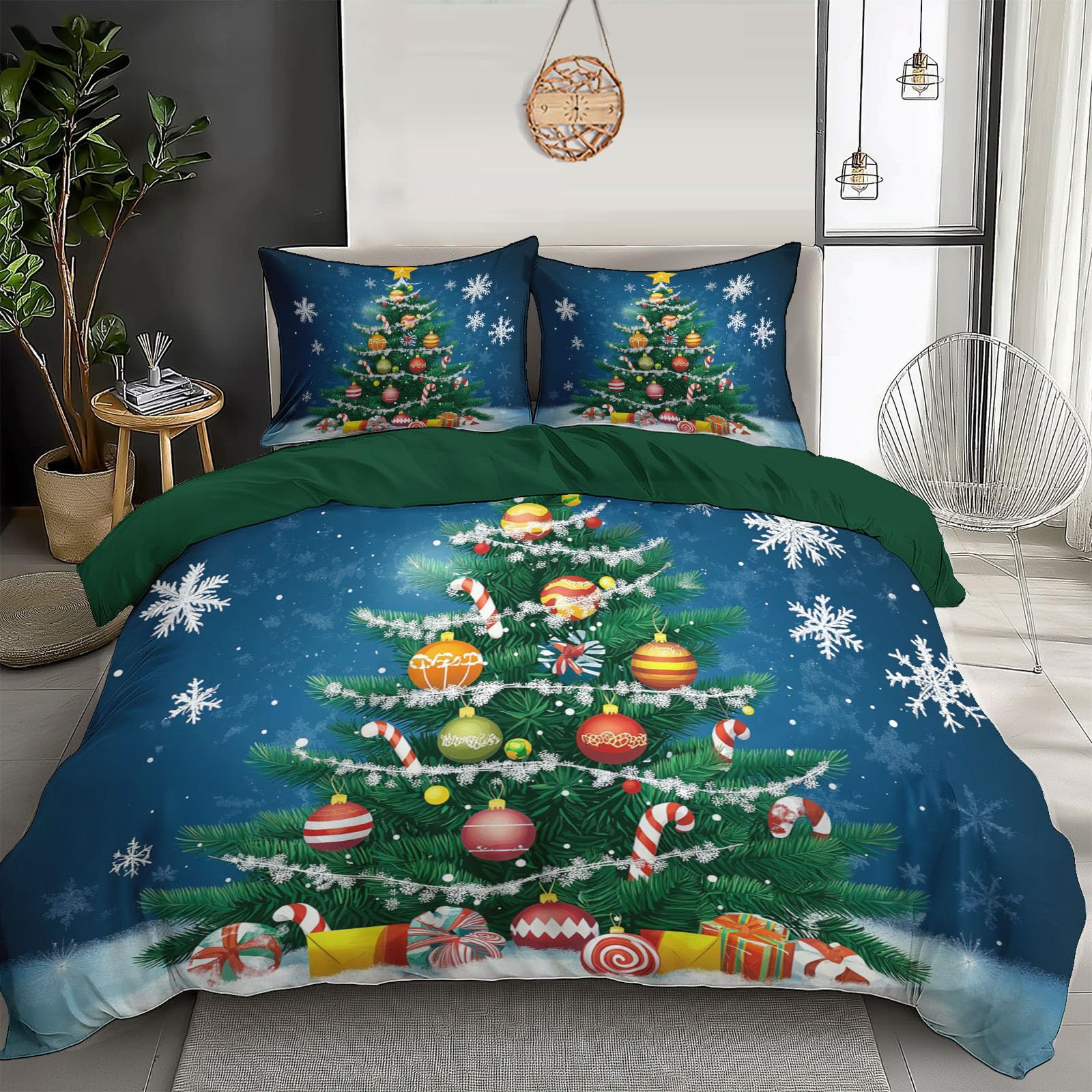 Housse de Couette 140x200cm Bleu Sapins de Noël avec 2 Taies d'Oreiller