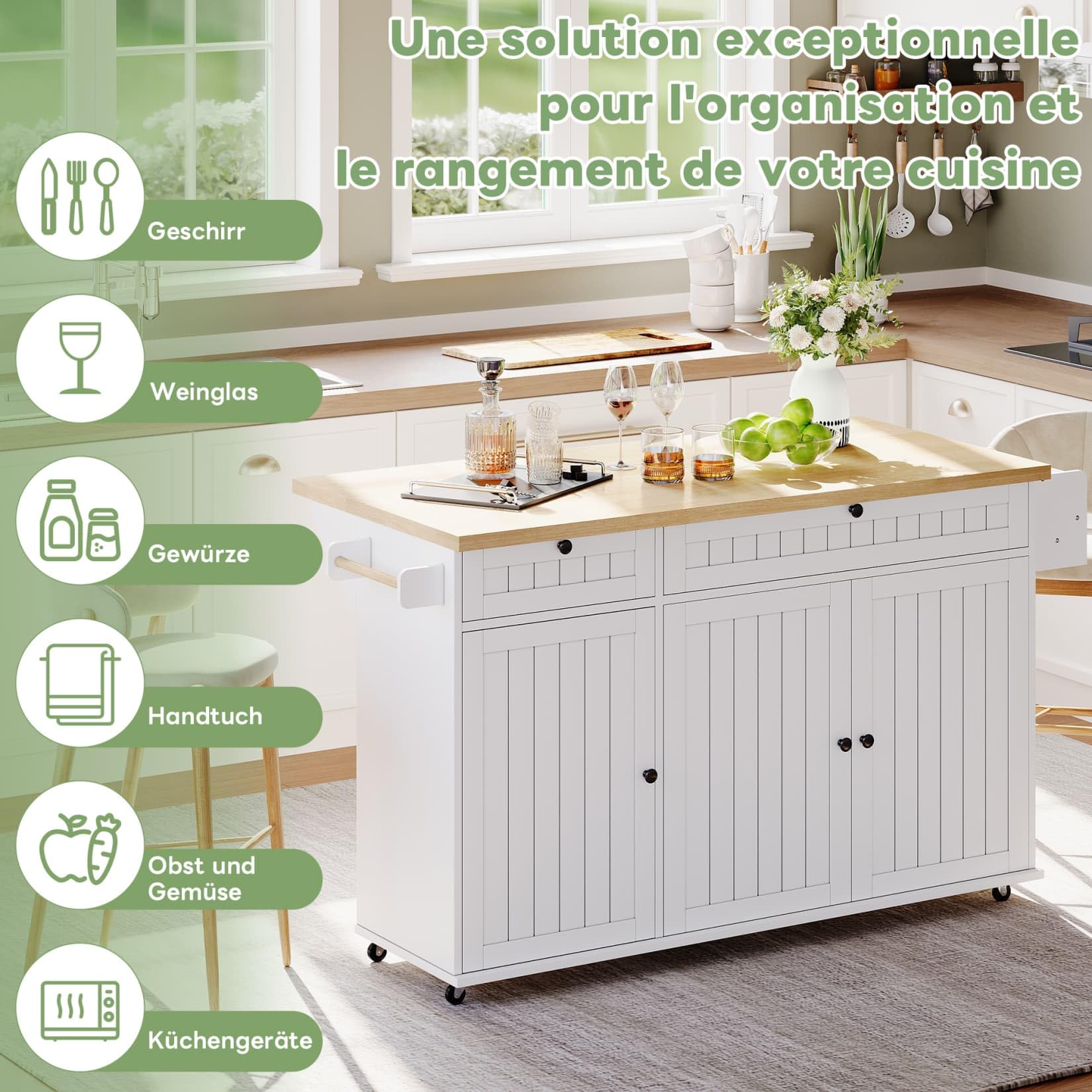 PUGSDRLY Desserte Cuisine à 6 roulettes Orientables,Îlot Central,Buffet Cuisine avec Plan de Travail Pliable,Étagères Réglables,2 Tiroirs,Portique (A-Blanc, 70x137x89.5)