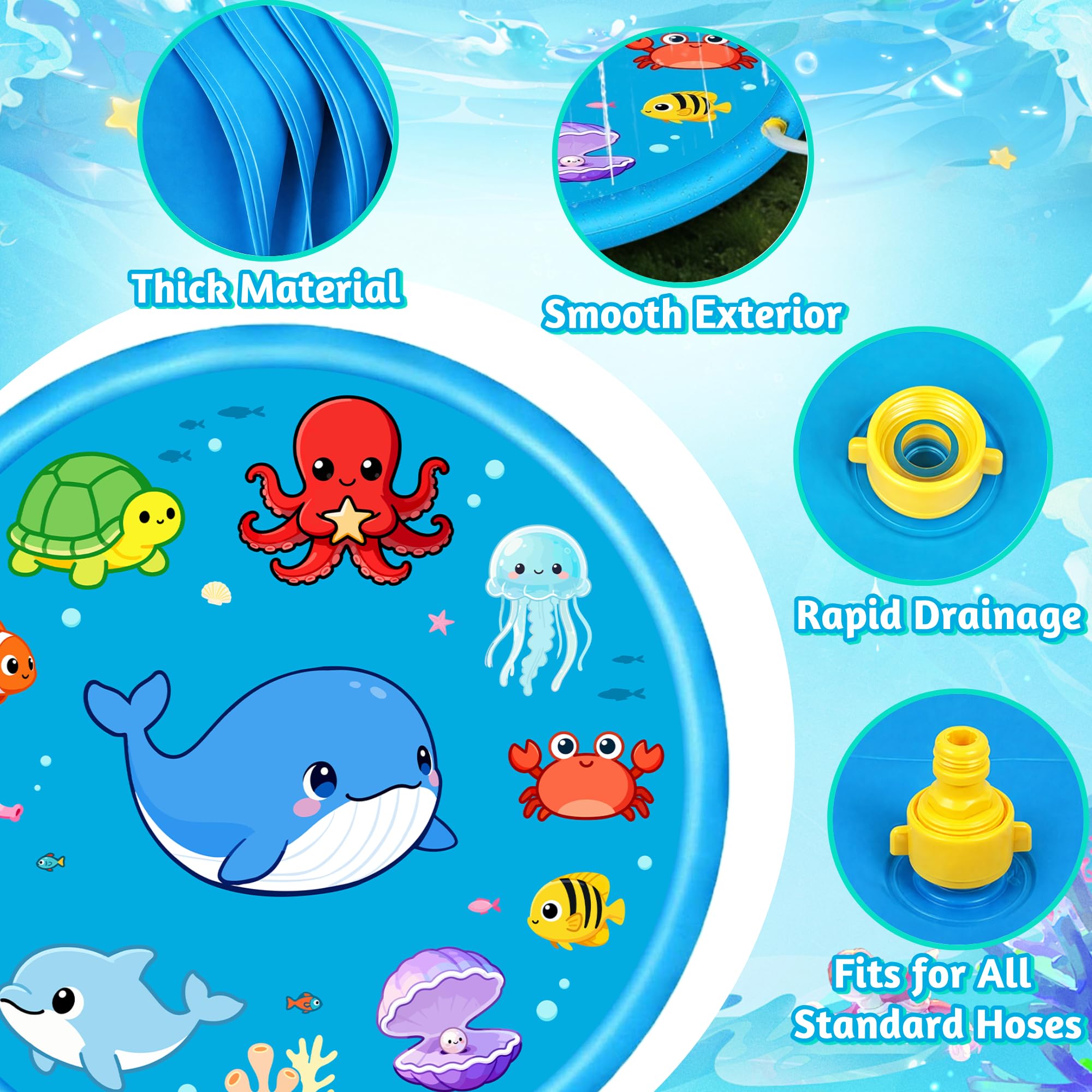 Chennyfun Tappetino Gioco d'Acqua per Bambini 68", Aumento Antiscivolo Splash Pad, Spruzza la piscina con giochi d'acqua, Giocattolo per tappetino spray da giardino per giochi all'aperto per Bambini
