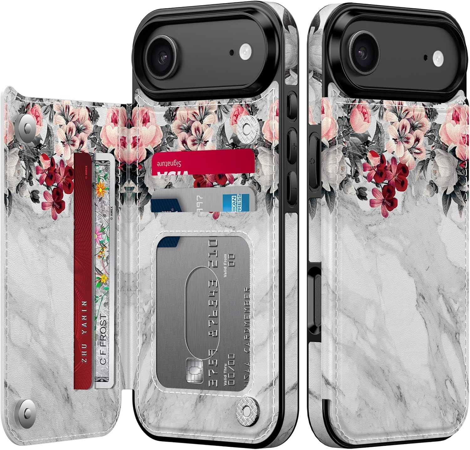 goodon for iphone air case wallet - flip folio leather cover with trendy floral design, 3 card slots & kickstand function, stylish protective phone case for iphone 17 air - flowers and grey marble iphone 17 air flowers and grey marble