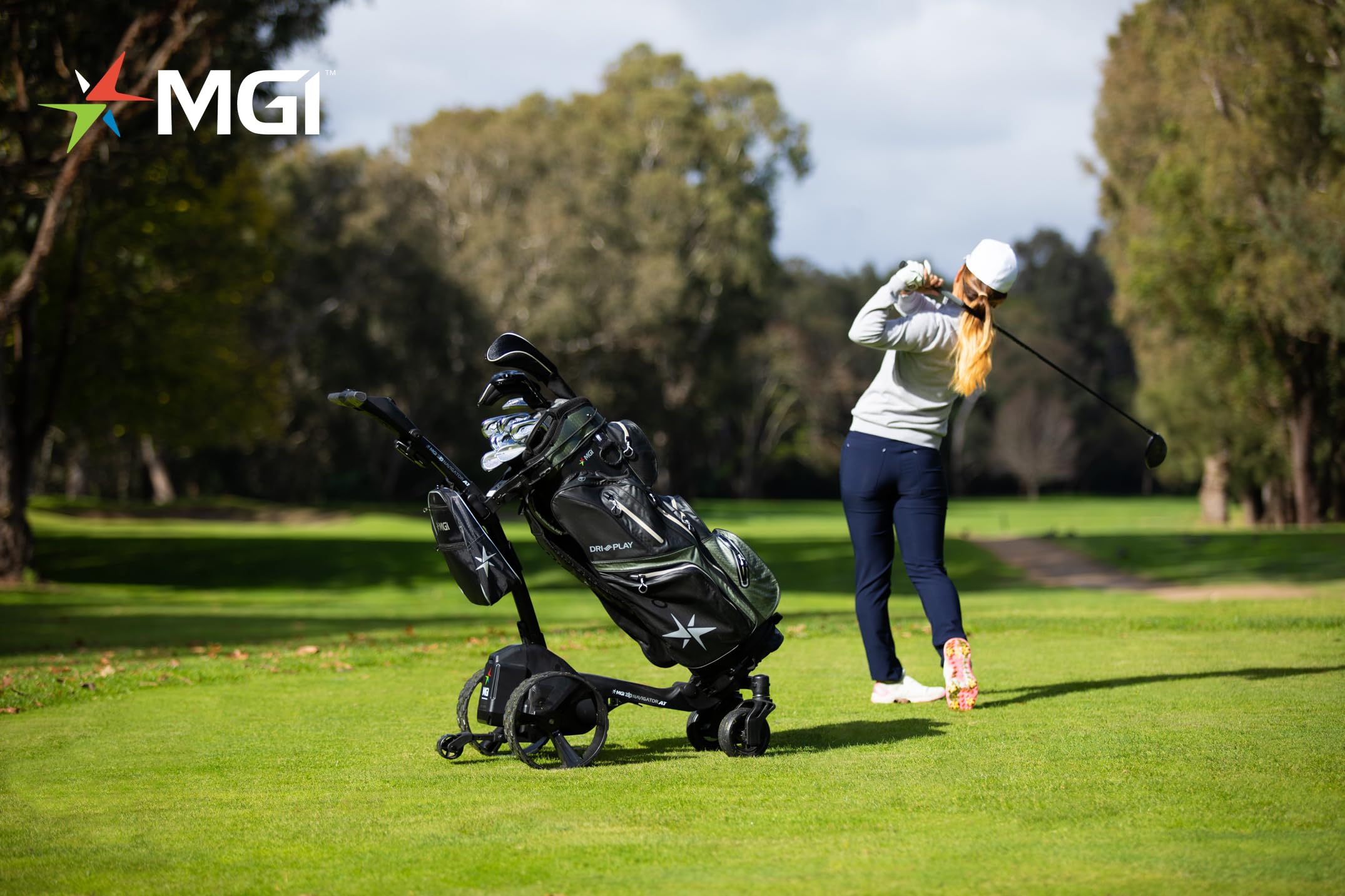 MGI Zip Navigator All Terrain Electric Golf Cart - 36 Hole Battery - Remote Control - (Drink, Umbrella, GPS-Phone)