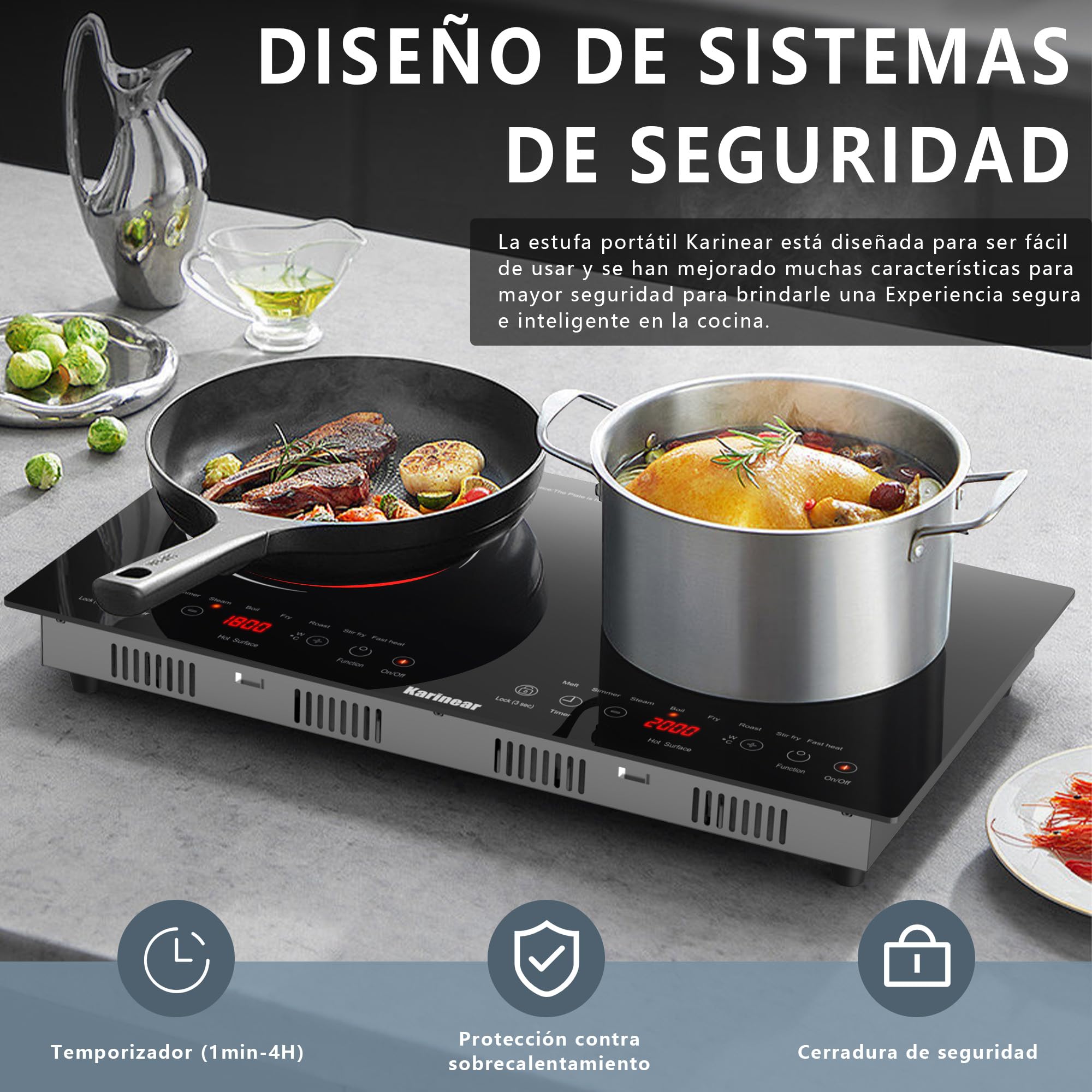 Karinear Placa Vitrocerámica 2 Fuegos Portátil, 8 Funciones de Cocción Rápida, Control Táctil, Bloqueo de Seguridad Para niños, Temporizador, Vitrocerámica 2 Zonas con Enchufe, 220-240 V, 3600 W