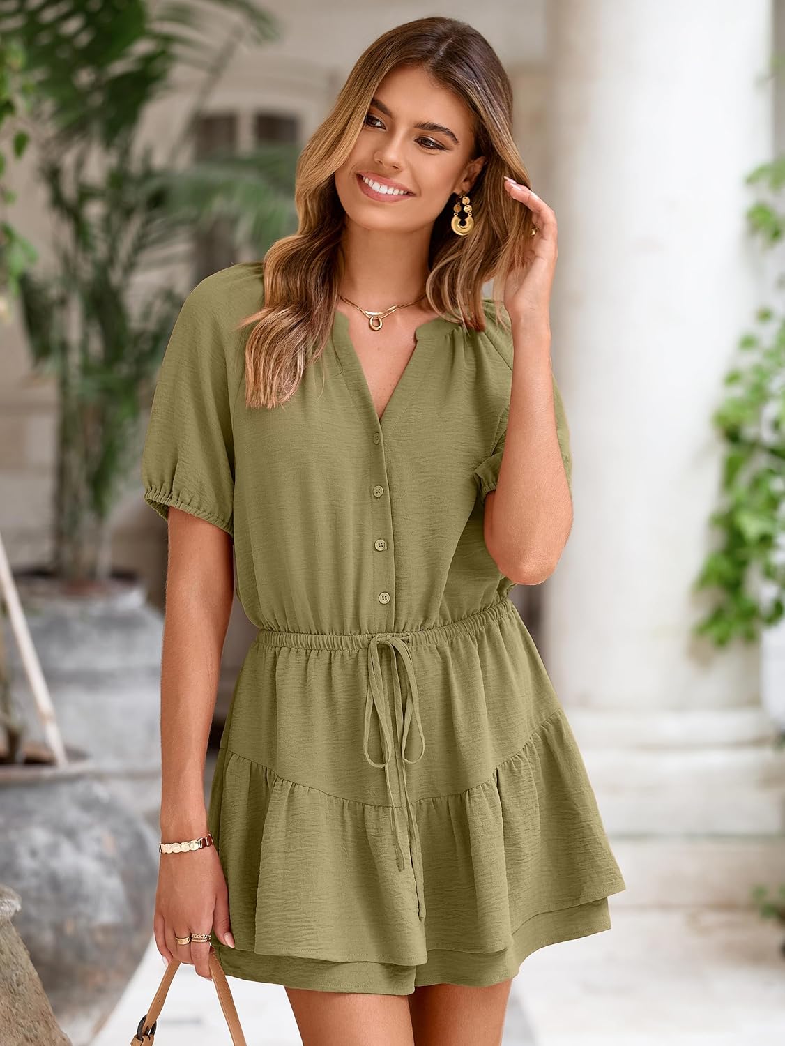 Simplee Womens Cute Summer Rompers - Casual V Neck Short Sleeve Ruffle Boho Romper Dresses Beach Outfits - Image 3