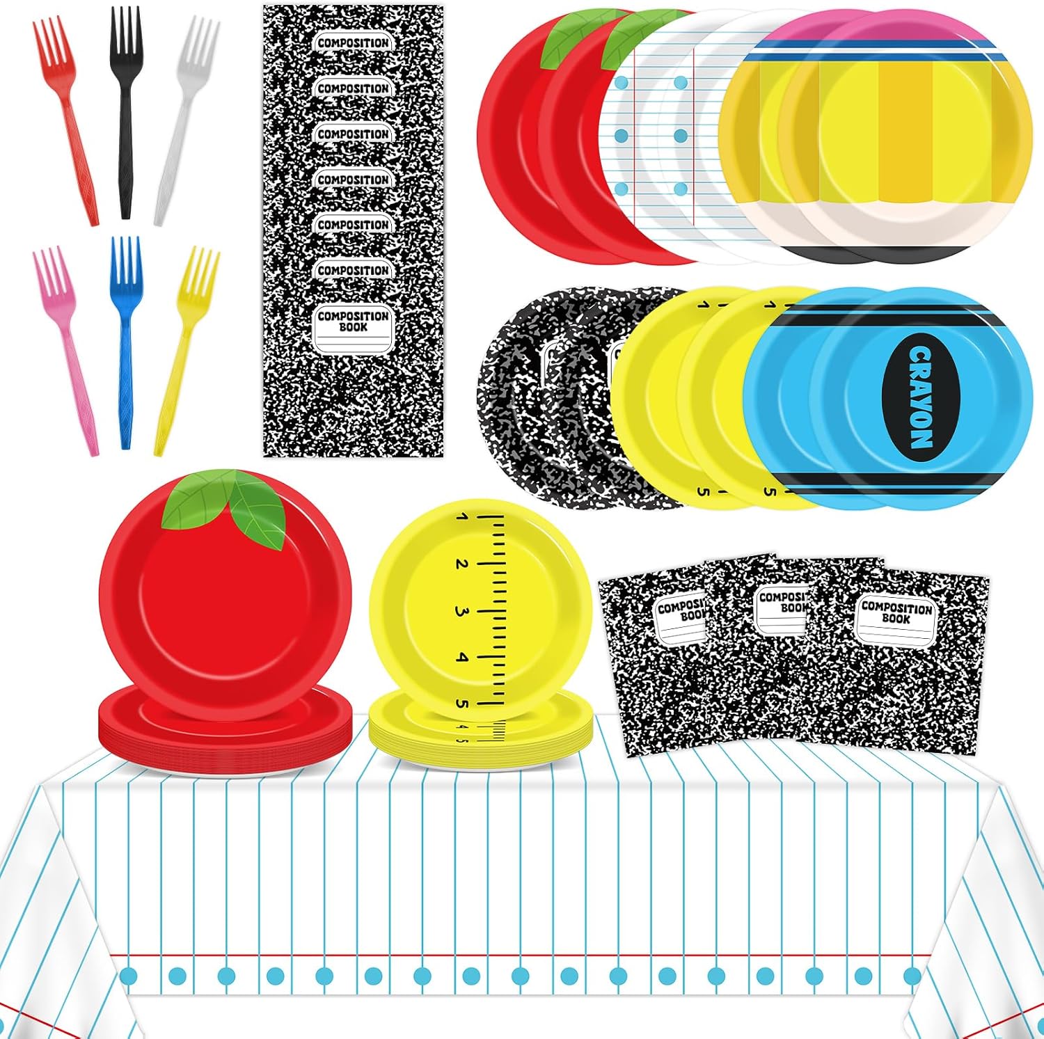 98PCS Welcome Back to School Decoration First Day to School Paper Plates Napkin Tablecloth Set for Ruler Apple Alphabet Theme Decor Tablecloths Tableware Set for Kids Birthday Classroom Season Party