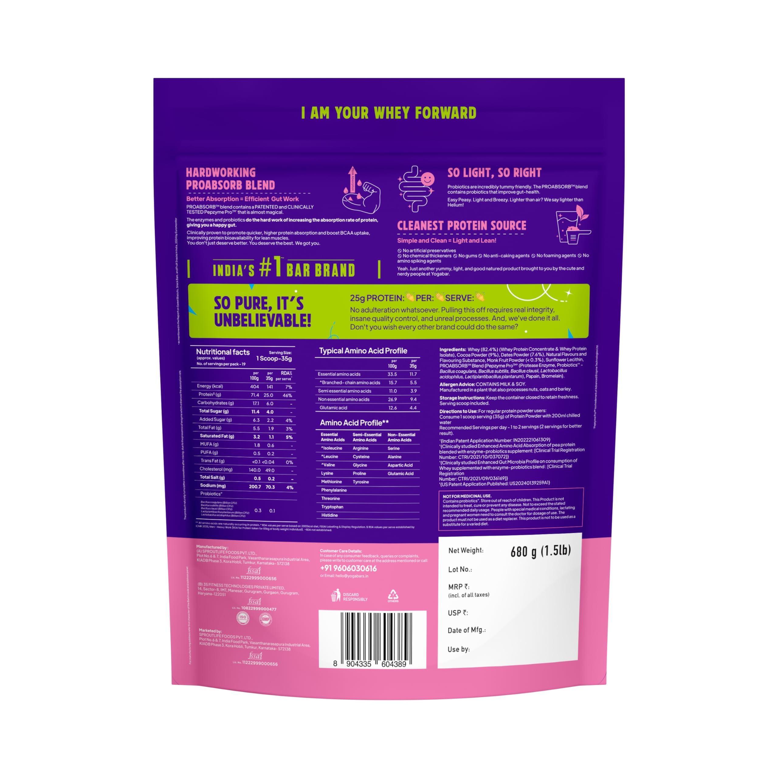 Yogabar ProClean Whey Protein Blend 1.5 lb, Pack of 2| 25g Protein per Serve|Chocolate Flavor with Monk Fruit & Dates|Whey Protein Concentrate + Isolate — Amazon image 2