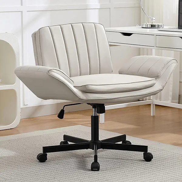 PU Leather Criss Cross Office Chair with Armrests & Wheels, 5-Gear Flip Up Arms Comfy Desk Chair for Women, Height Tilt Adjustable Swivel Chair for Home Office, Make Up, Bed Room and Living Room