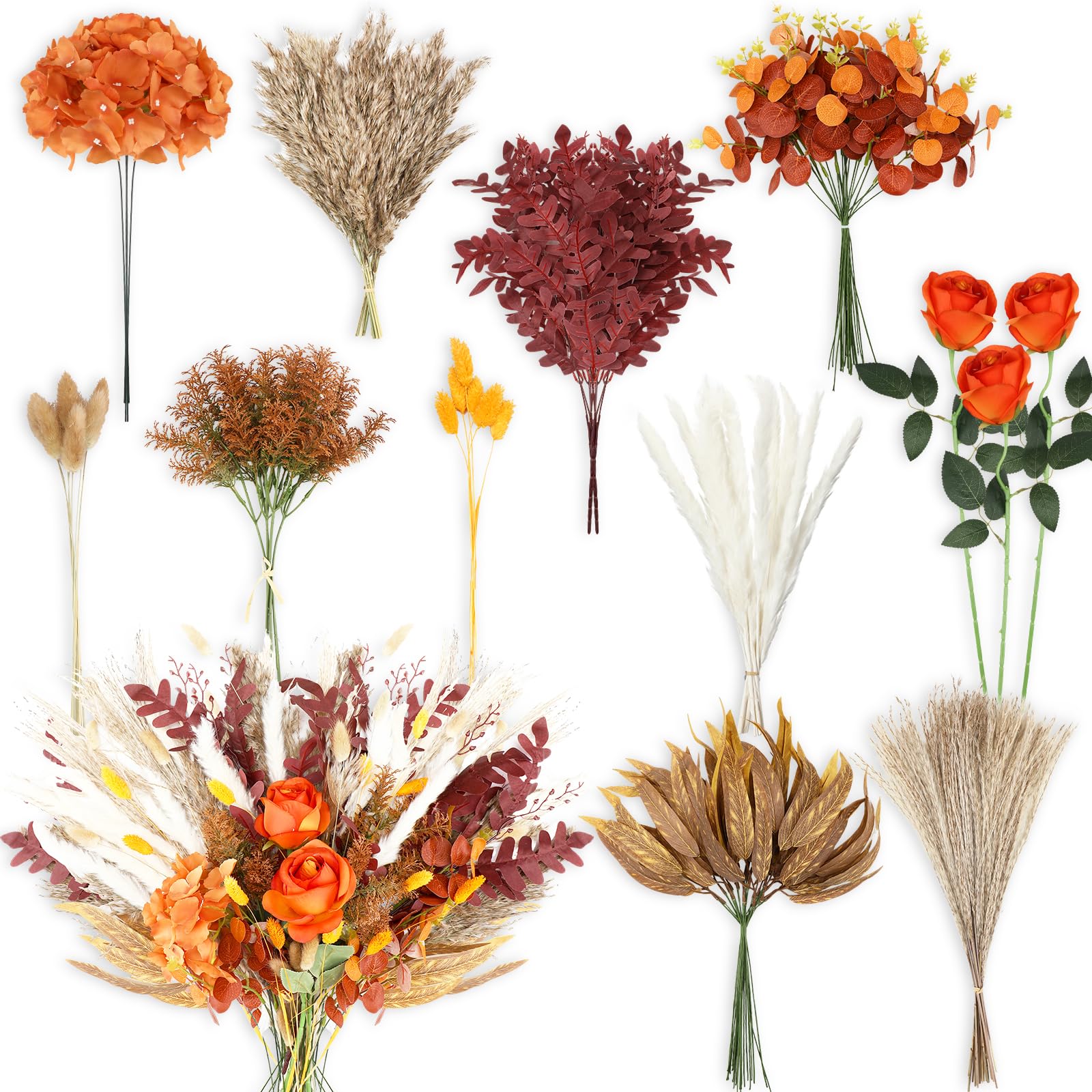 Cindeer 125 Pcs 11 Kinds Artificial Greenery Spray Box Set Faux Greenery Stems and Flowers Bulk Fake Eucalyptus for Wedding DIY Bouquets Floral Arrangement Wedding Home (Orange,Simple)