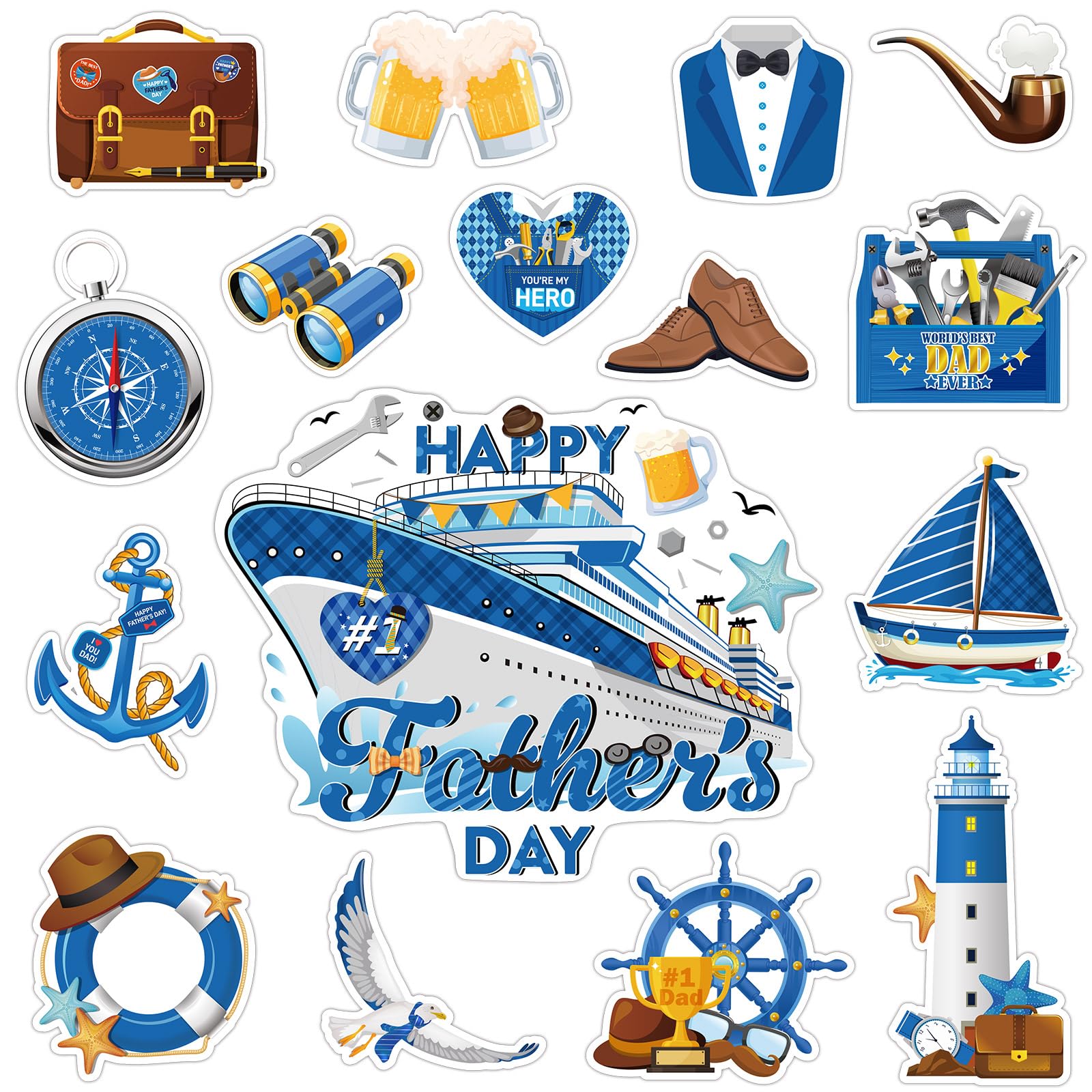 Capoda 16 Pcs Father's Day Magnets Cruise Door Magnetic Decorations Happy Father's Day Ship Car Magnets Stickers Best Dad Anchor Cruise Cabin Fridge