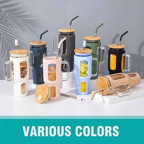 Miniatura 7 de Vaso de vidrio con tapa y pajilla, taza para café helado de 46 oz con asa, botellas de agua grandes con funda de silicona, taza de vidrio con