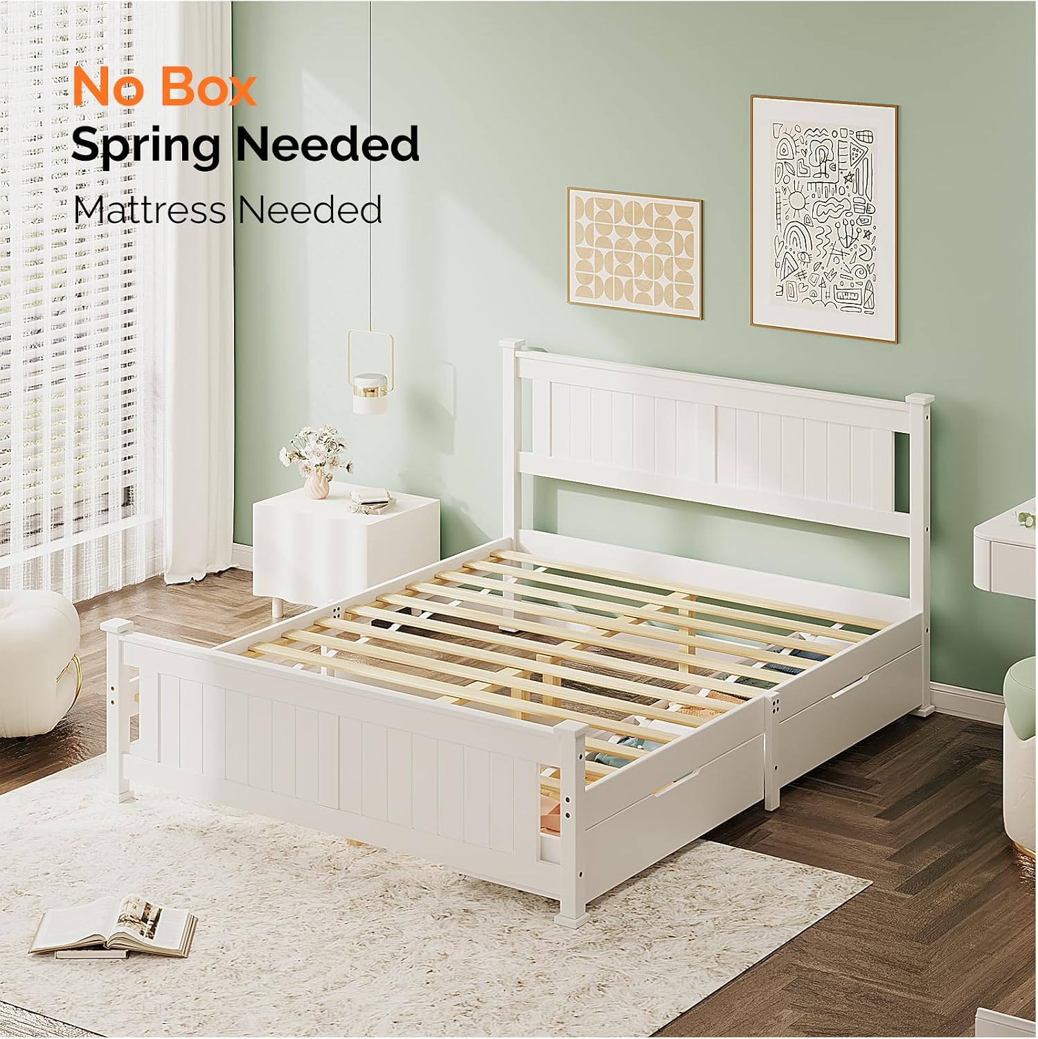 VINGLI Queen Size Bed Frame with Strong Wood Slat Support,Modern Style Solid Wood Platform Bed for Family Bedrooms with 2 Pull-Out Drawers,White.