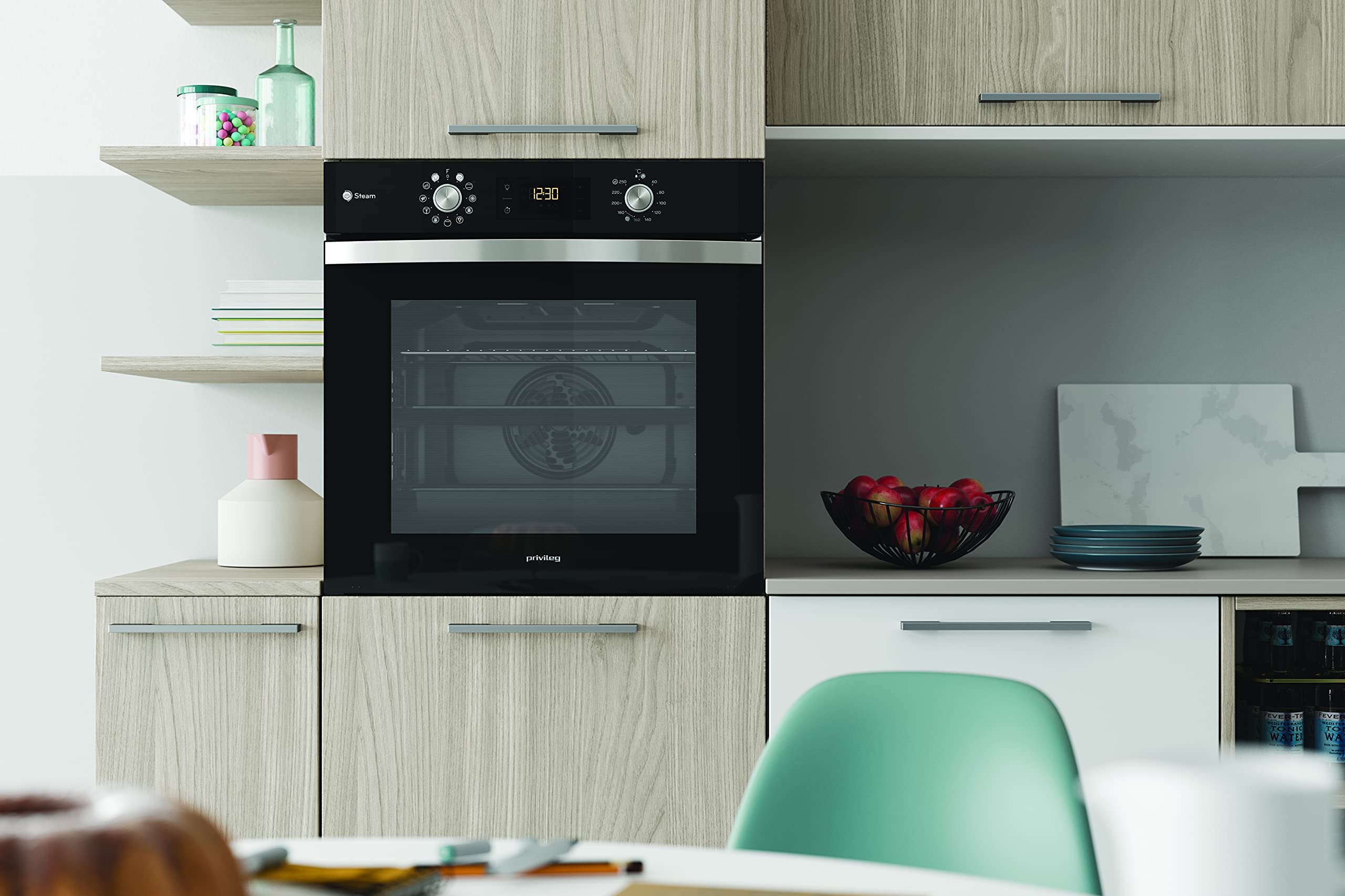 Privileg BAKO Turn&Go Steam 500 Einbau-Backofen 71 L Hydrolyse-Reinigung Heißluftbackofen 11 Funktionen Glaskeramik-Kochfeld