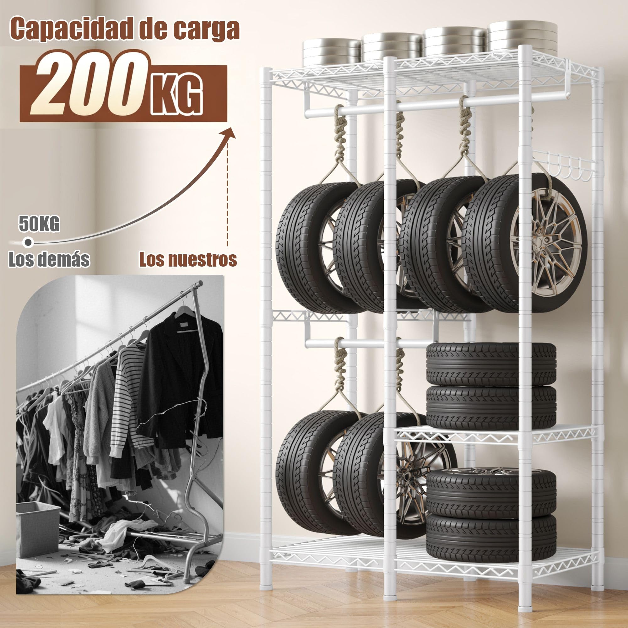 Burro ropa resistente, Armarios dormitorio metálico con 3 estantes regulables en altura, 2 barras para ropa y 4 ganchos, 155 KG de carga, 80x40x194,5 cm, Perchero burro ropa, Blanco
