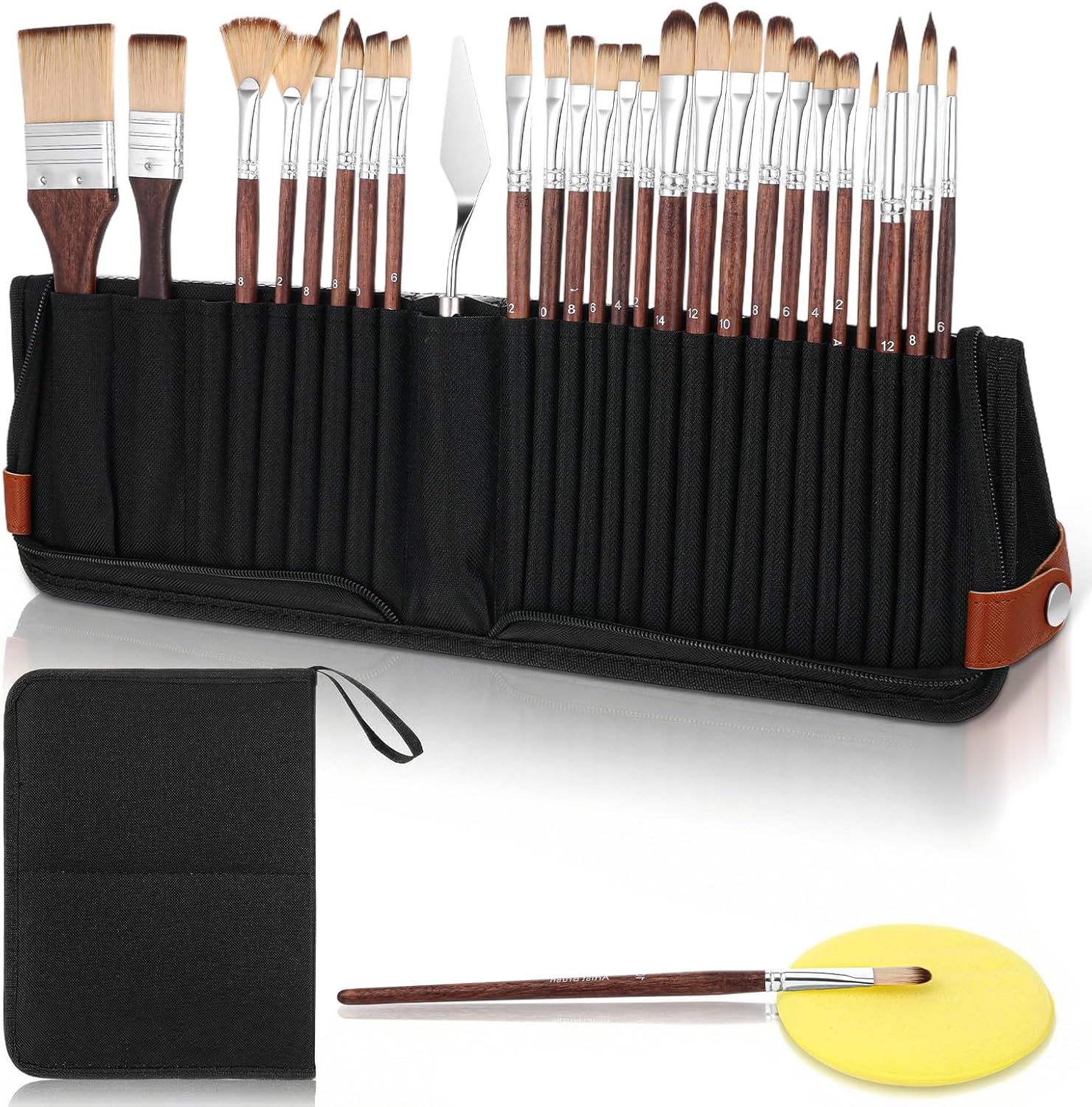 26 Pcs Professional Paint Brush Set, Acrylic Watercolor Oil Paint Brushes with Carrying Case, Palette Knife, Flat Filbert Fan Dagger Cat Tongue Round Brushes for Artists, Gouache, Face Painting