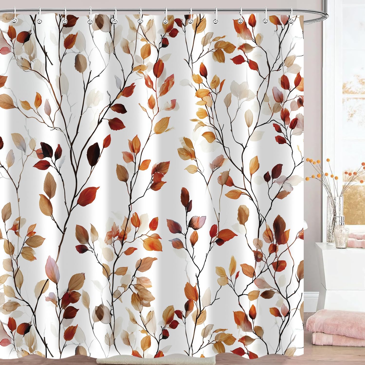 Fall Brown Eucalyptus Leaves Shower Curtain, Autumn Leaf Aesthetic Art Shower Curtains for Bathroom Decor, Beige Orange Waterproof Fabric Bath Curtain Accessory Set with Hooks 72x72 Inches image 4
