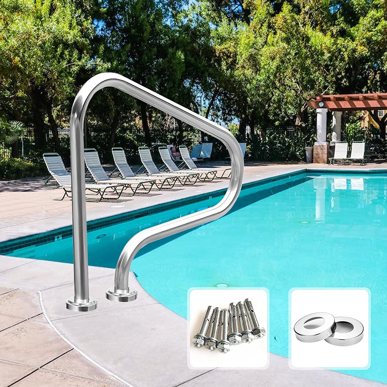 48"x36" Stainless Steel Pool Handrail - 304 Steel, 380 Lb Capacity, With Blue Grip Cover