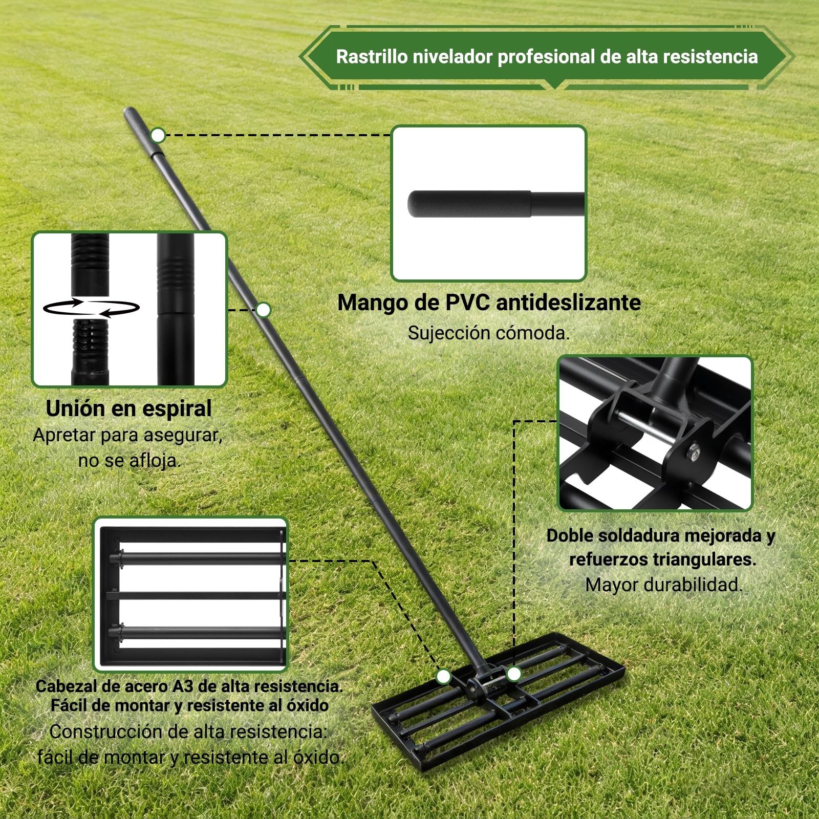 Rastrillo nivelador de césped, 43 × 30 cm, herramienta de césped de nivel de acero A3, mango largo de ajuste de 207 cm, herramienta niveladora de césped resistente que ahorra esfuerzo para