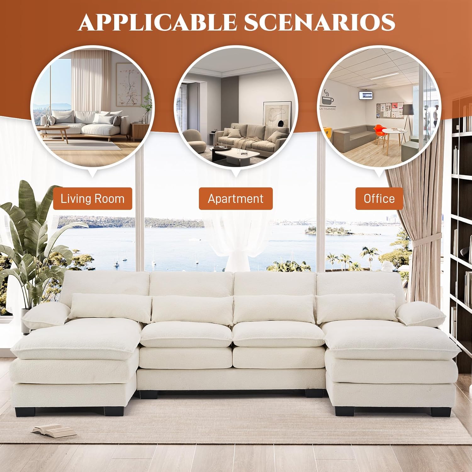 OUYESSIR 113" U Shape Sectional Cloud Couch with Ottoman,Fluffy Sectional Couches for Living Room,4 Seater Modular Sectionals Sofa,Comfy Cloud Sofas & Couches with 4 Pillows,Beige White