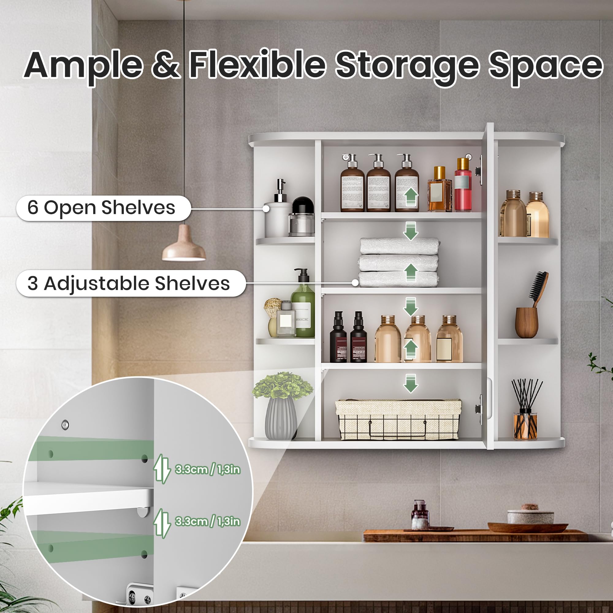Pamapic Mobile Bagno con Specchio, Mobiletto Pensile Bagno,Scomparto Aperto, Mobiletto da Muro, Ripiani Regolabili, Soggiorno, Camera da Letto, 67,5 x 60 cm, Bianco