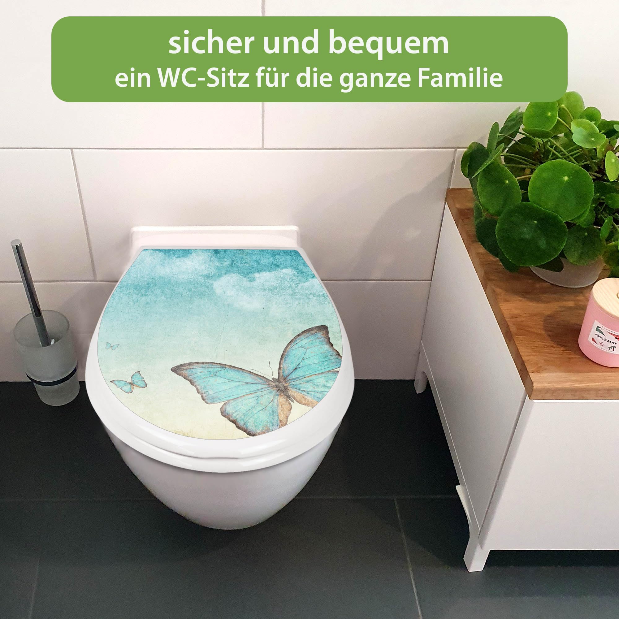 banjado Familien WC Sitz mit Absenkautomatik 44,9x37,1cm - Klobrille mit Kindersitz aus hochwertigem Polypropylen - Toilettendeckel mit Kinder Toilettensitz integriert - Motiv Blaue Schmetterlinge