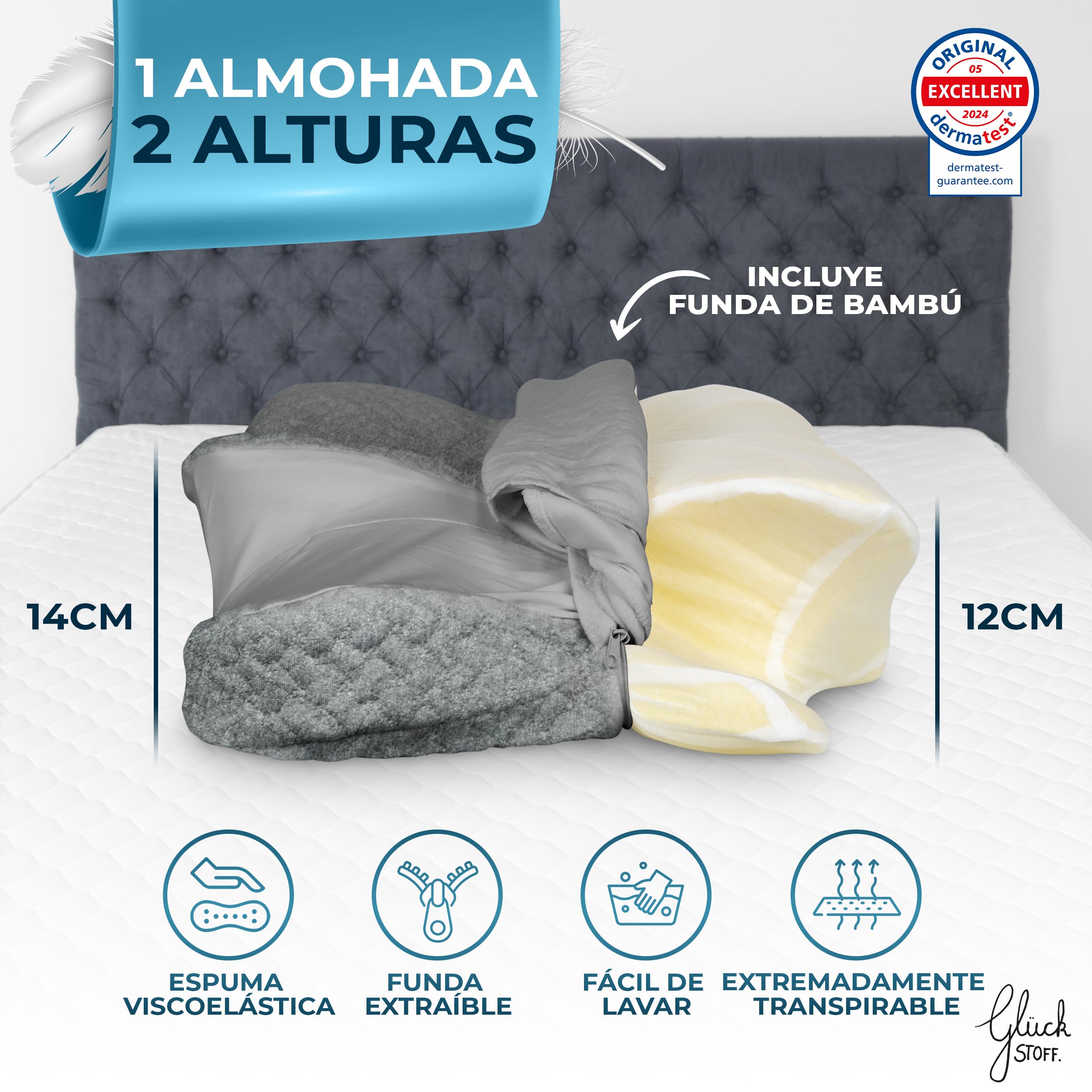 Glückstoff® Almohada de Memory Foam [para Todas Las Posiciones DE Descanso] – Almohada Ergonómica de Memory Foam – Almohada Suave para Cabeza y Cuello – Almohada Transpirable con Funda de Bambú