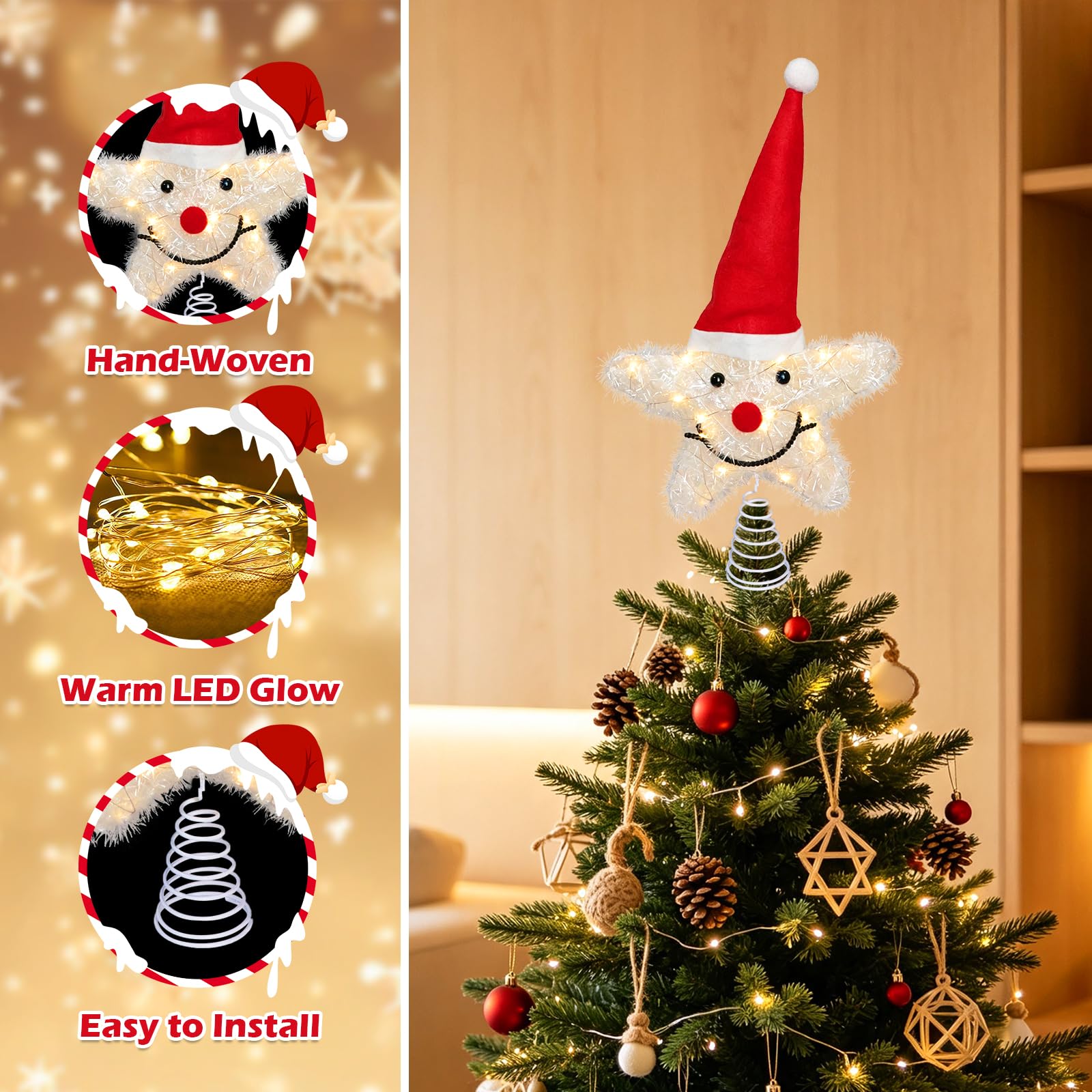 Puntale per albero di Natale a forma di stella, con 20 luci a LED bianco caldo, funzionamento a batteria, timer 6 ore, carino elfo bianco con faccia di elfo illuminato a stella, ornamento per la parte