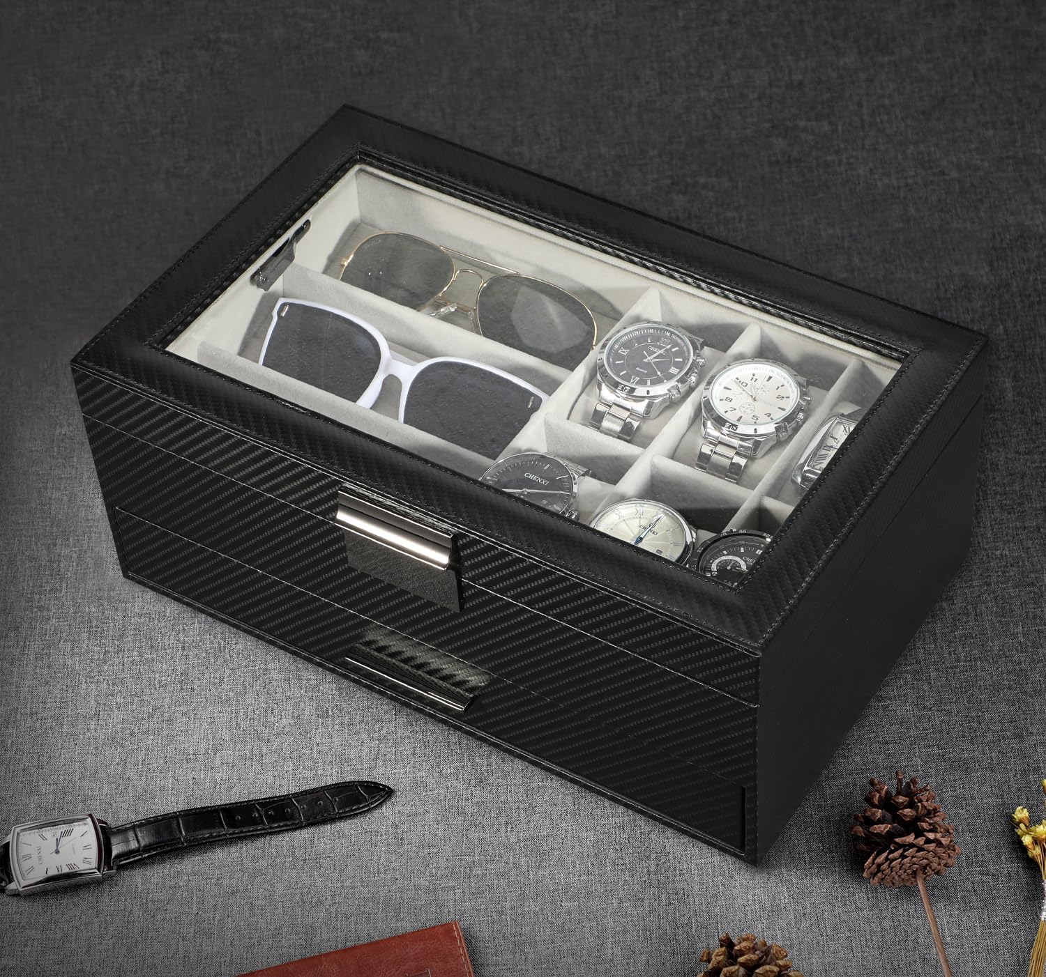 LANDICI Watch Box for Men Women 2 Layer PU Leather Watch Organizer Storage Case,Large Jewelry Box Watch Holder Organizer Display for Watch Sunglasses Bracelet Necklace Ring,Black & Grey