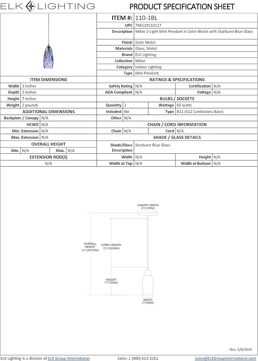 Nеw Arrіvаlѕ Elk 110-1BL Milan Light Pendant, 3 x 7-inch, Satin Nickel And Starlight Blue Glass