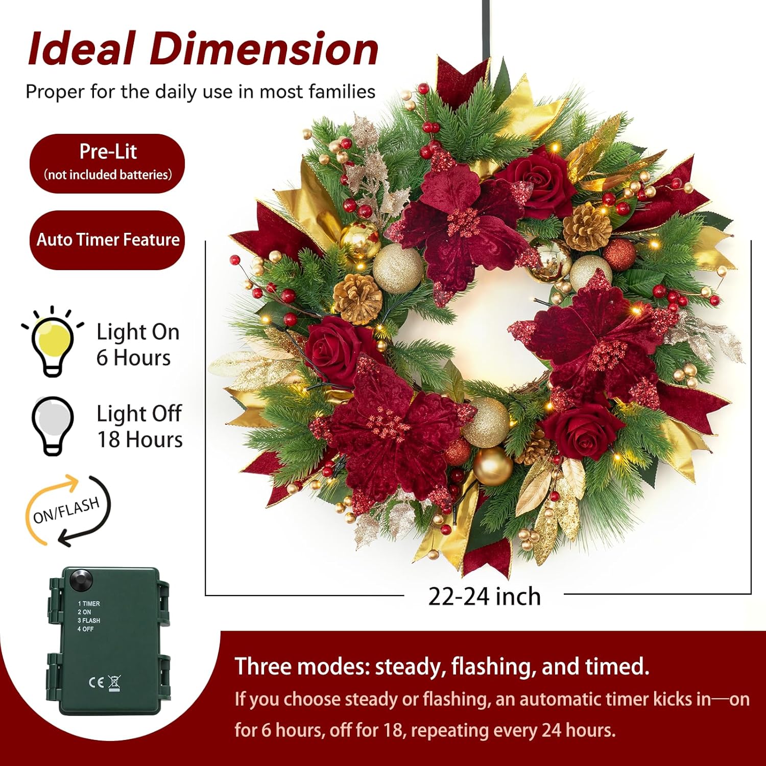 Christmas Wreaths for Front Door, Soomeir 24 Inch Outdoor Christmas Wreath with Lights, Large Prelit Wreath for Holiday Winter Window Outdoor Indoor Xmas - Image 4