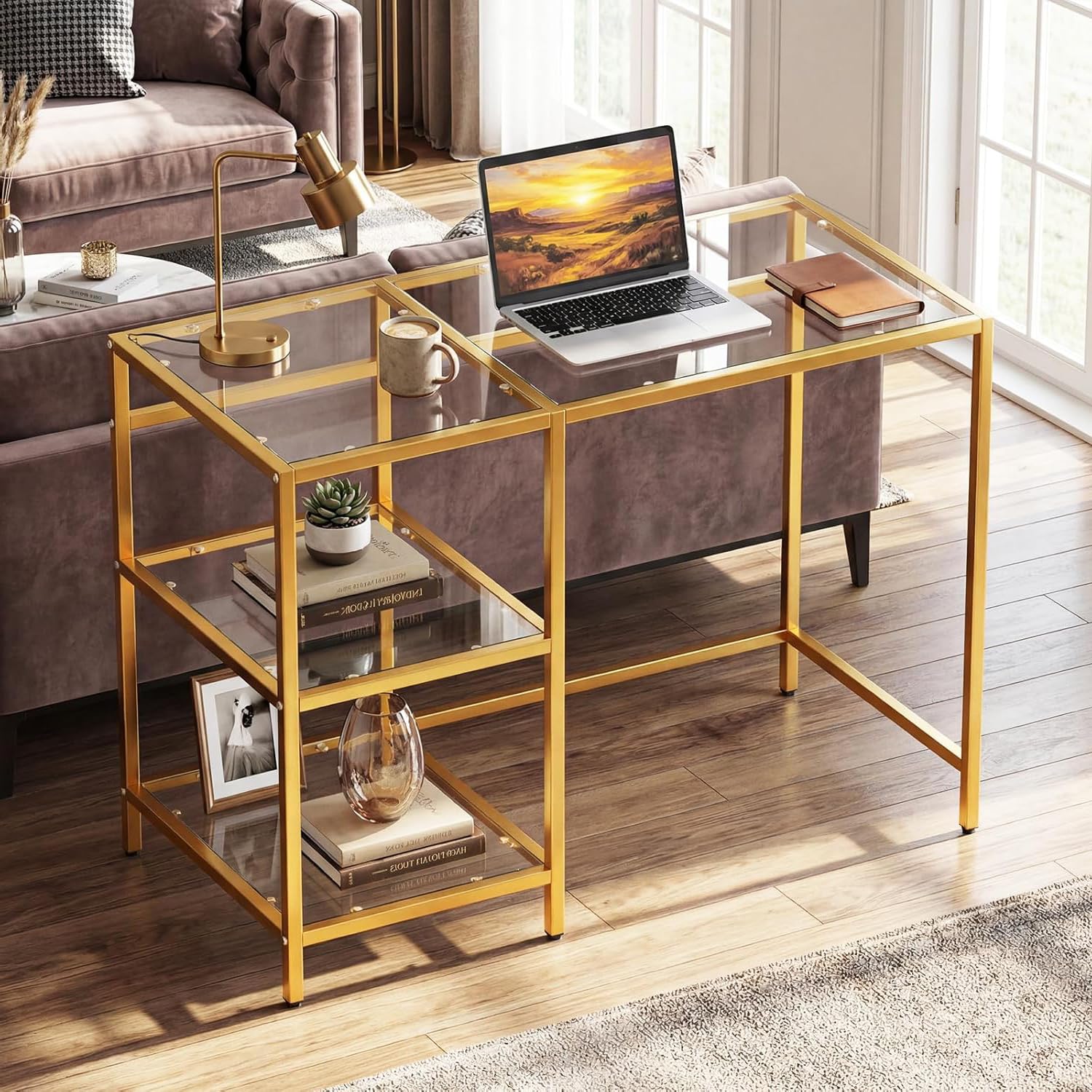SOARS Scrivania in Vetro Temperato 106 x 51 x 77 cm, Oro | Tavolo PC Multifunzionale Salvaspazio con 2 Ripiani, Consolle Trucco Moderna per Camera da Letto, Studio, Ufficio e Soggiorno