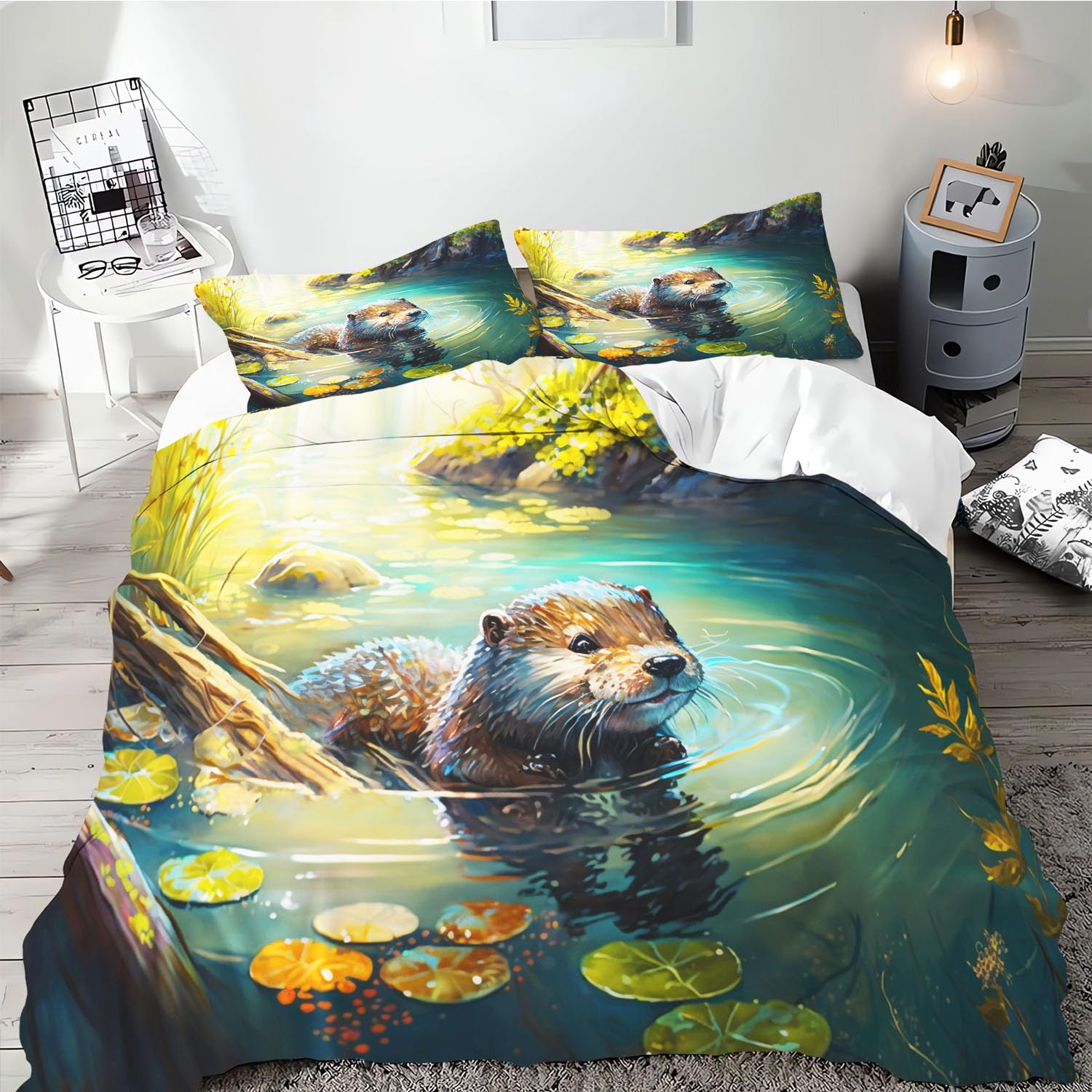 SMchwbc Otter Bed Linen 135 x 200 cm, Cute Otter Duvet Cover for Boys Girls Otter Animal Bed Linen Set, 3D Print
