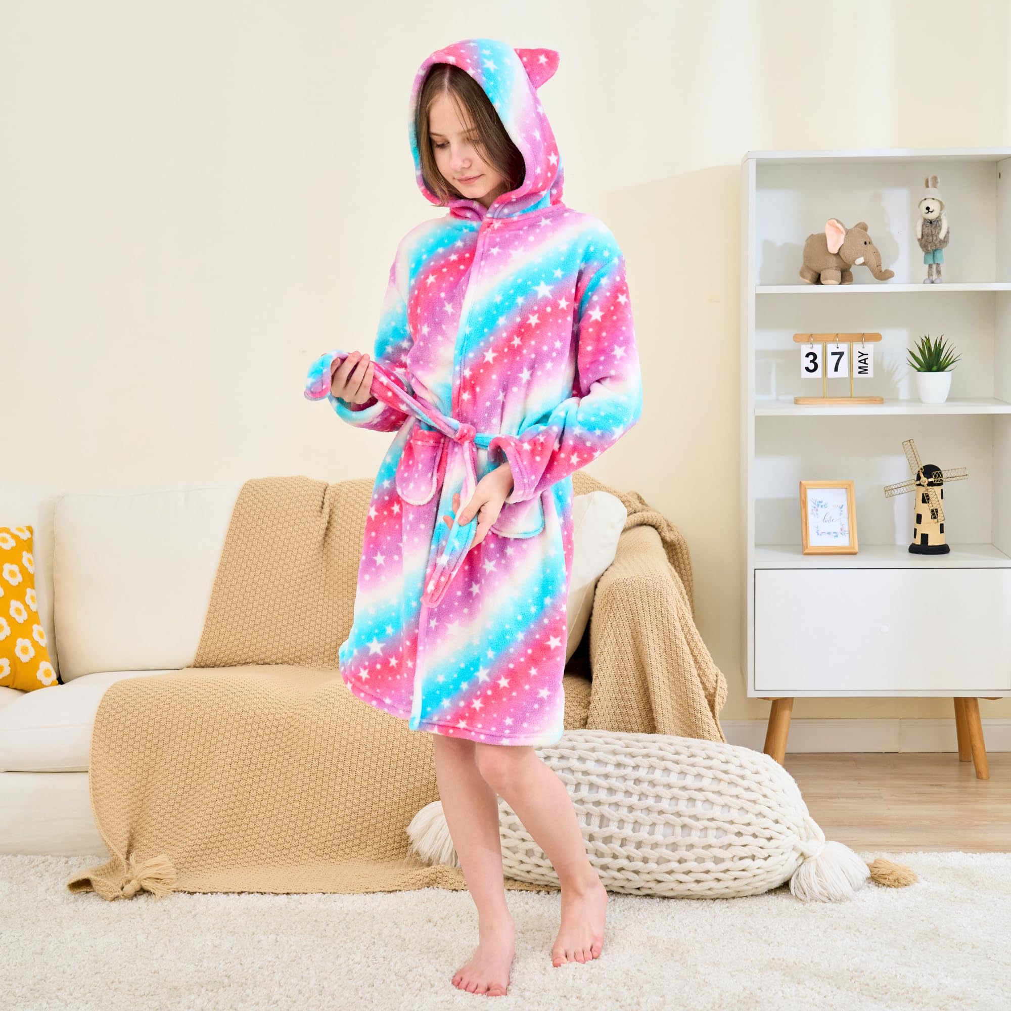 Chats Peignoir pour Filles Robes de Chambre en Molleton Doux avec Capuche et Oreilles de Chat