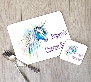 Custom Unicorn Placemat and Coaster Set, Childrens Placemat, Unicorn Table Setting, Unicorn, Placemat and Coaster Set, Girls Placemat Set